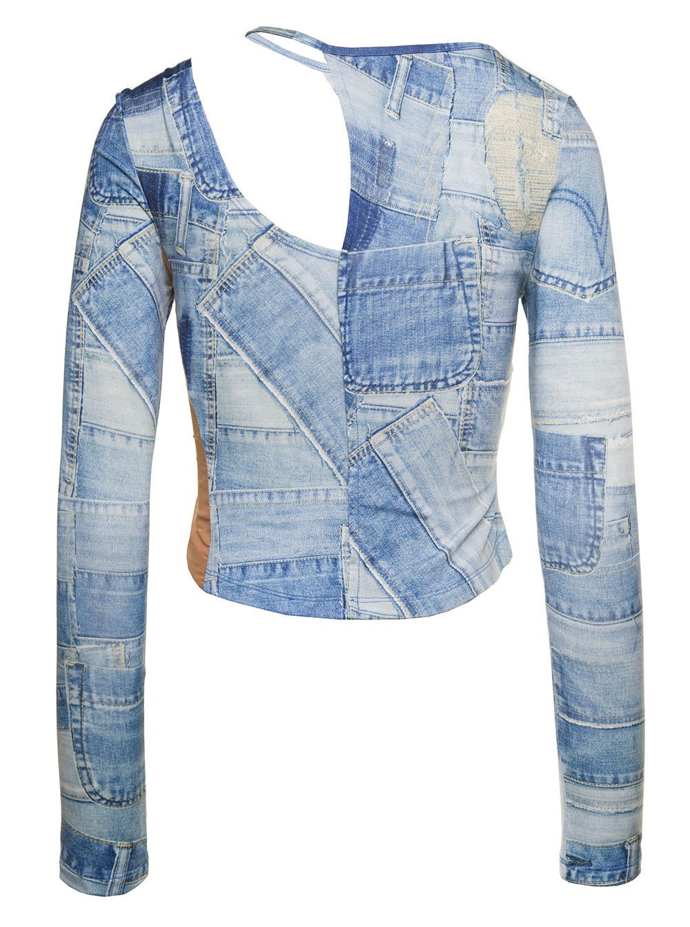Shop Andersson Bell Anja Light Blue Long-sleeve Top With Cut-out And Denim Patch Print Woman