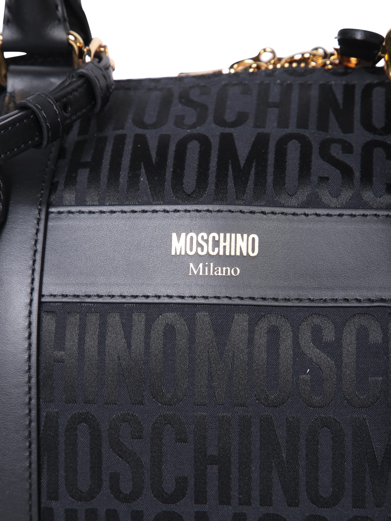 Shop Moschino Gold And Black Logo Travel Bag