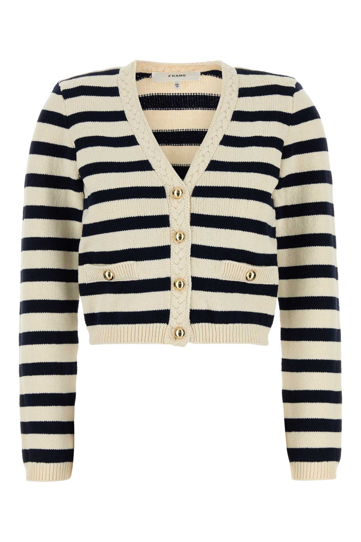 Frame Embroidered V Neck Striped Knit Cardigan In Black