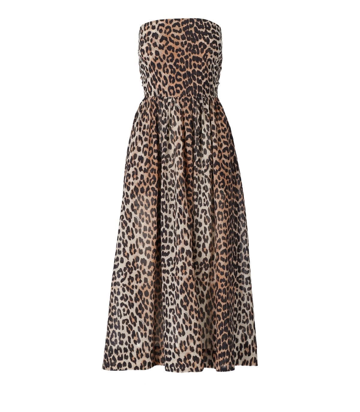 Ganni Leopard Print Strapless Organic Cotton Cover-up Dress In Marrone