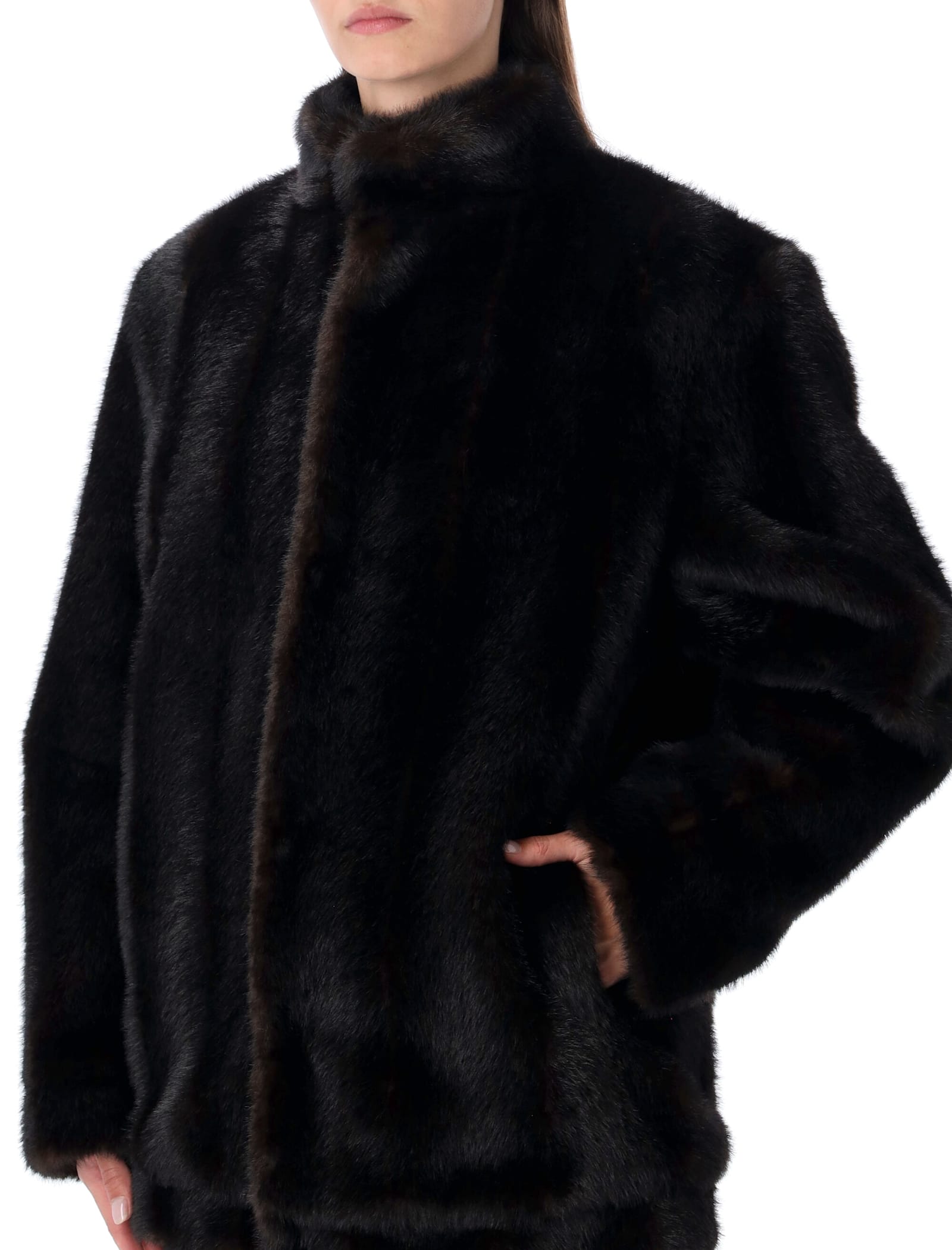 Mm6 Maison Margiela Plush Black Faux Fur Jacket With High Collar And Relaxed Fit In Brown
