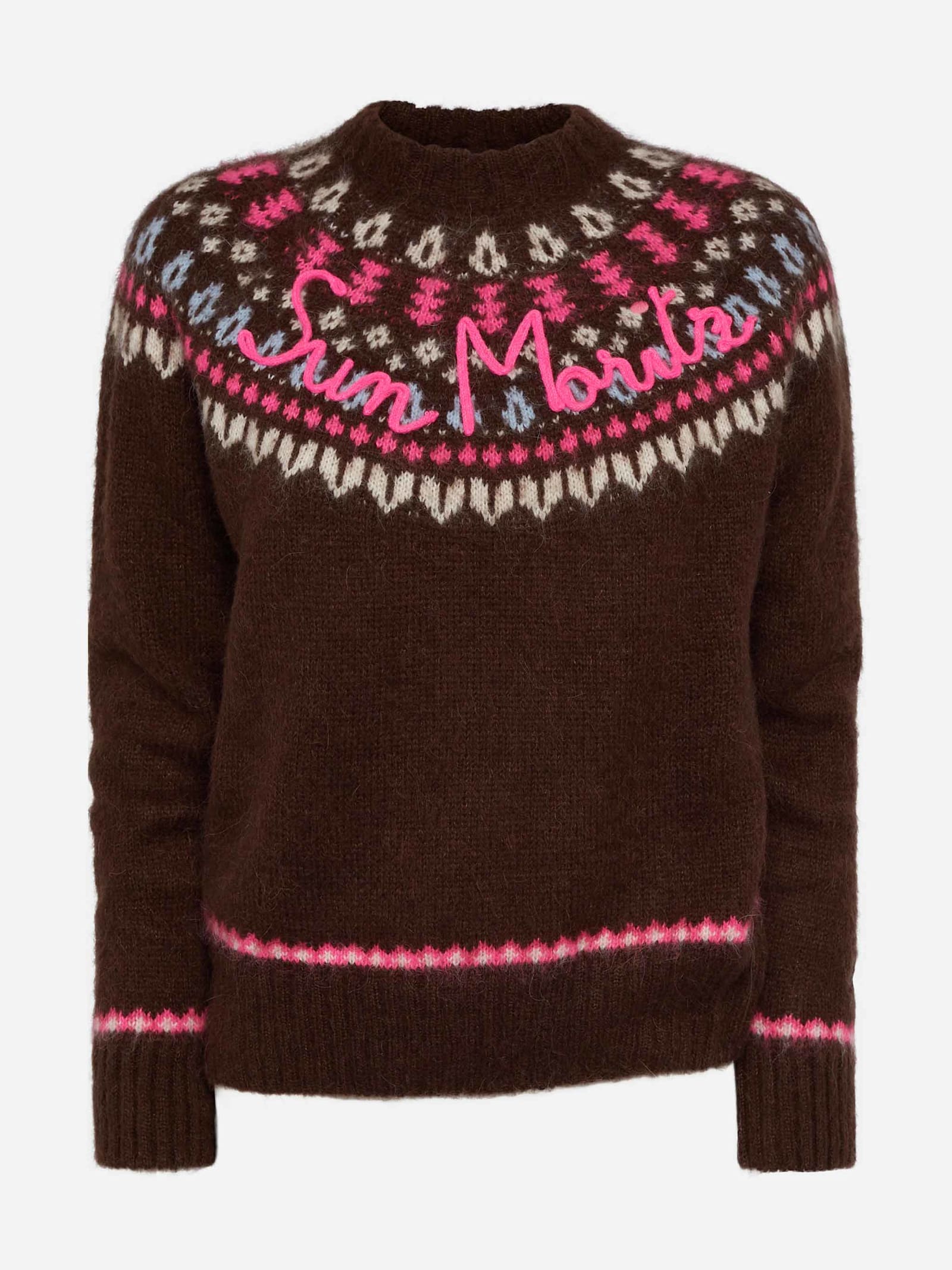 Mc2 Saint Barth Brown Sweater Queen Nordic Soft With Fair Isle Jacquard And Sun Moritz Embroidery In Brown