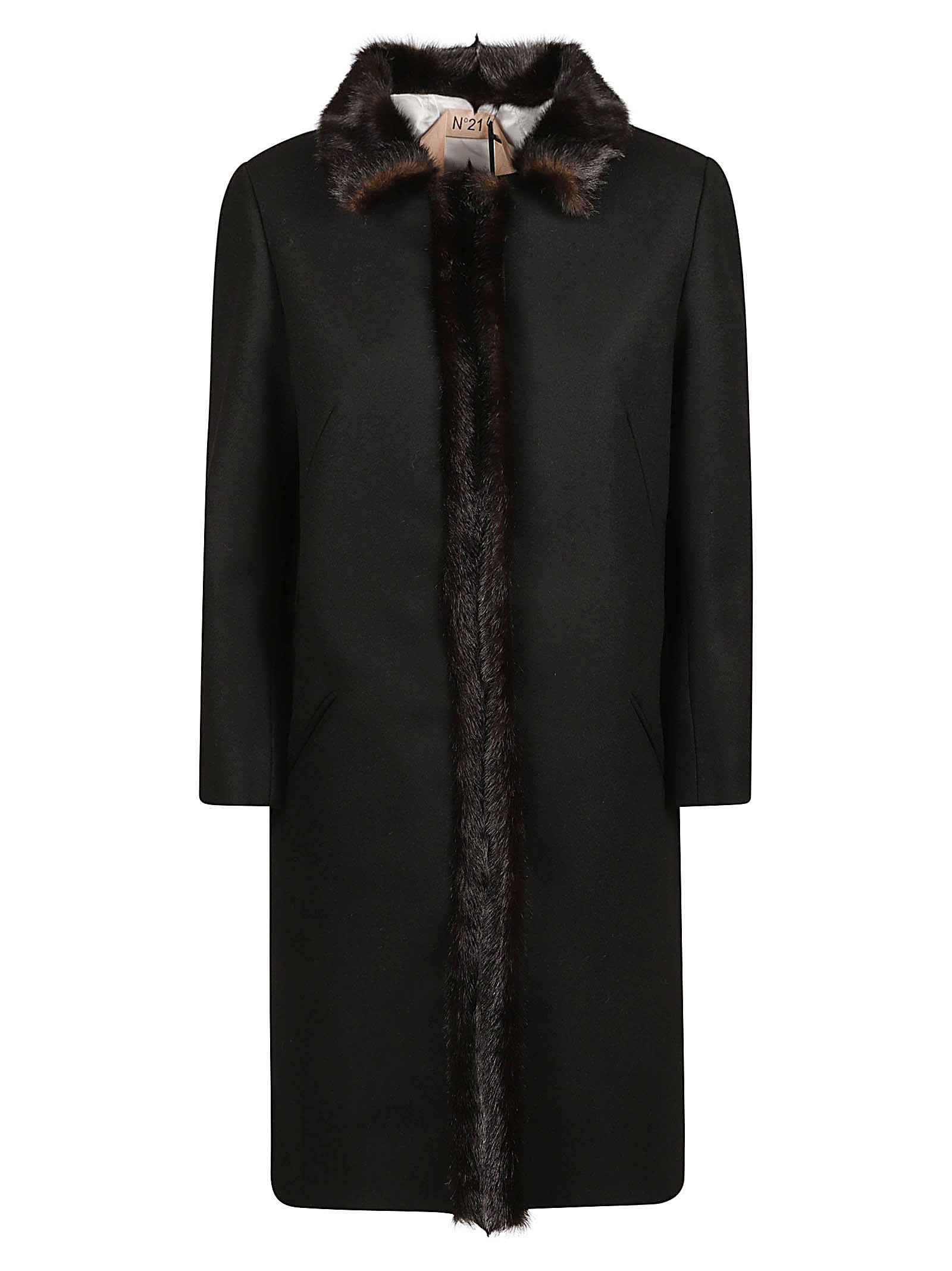 N°21 Fur Detailed Long Coat In Black