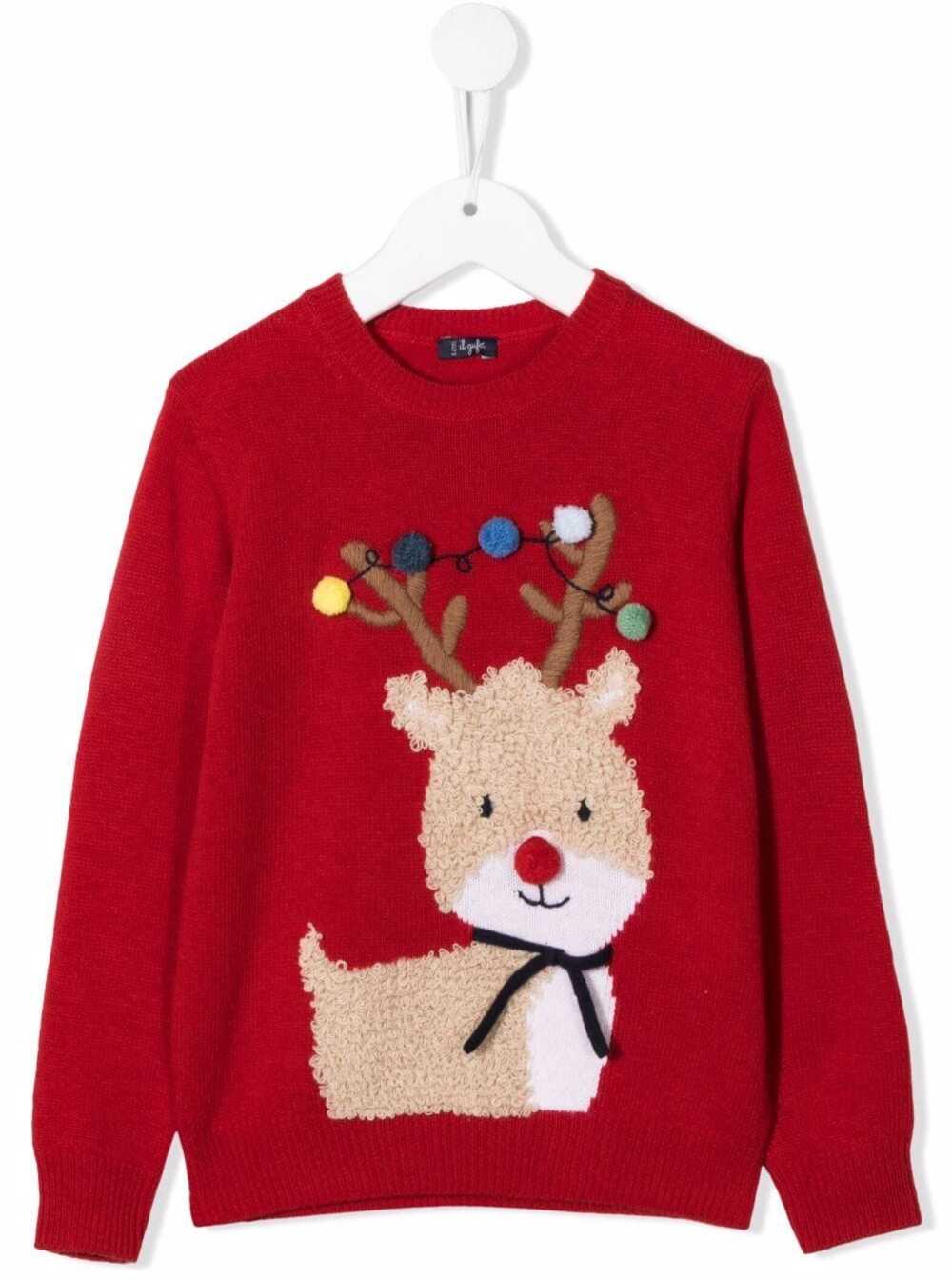 Il Gufo Red Wool Sweater With Christmas Reindeer Print
