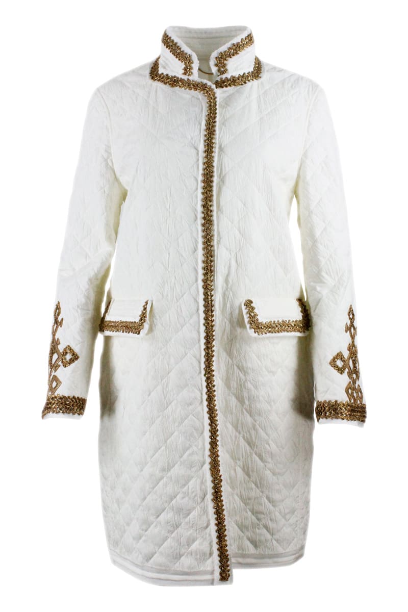 Ermanno Scervino Light Long-sleeved Quilted Coat With Gold-colored Inserts