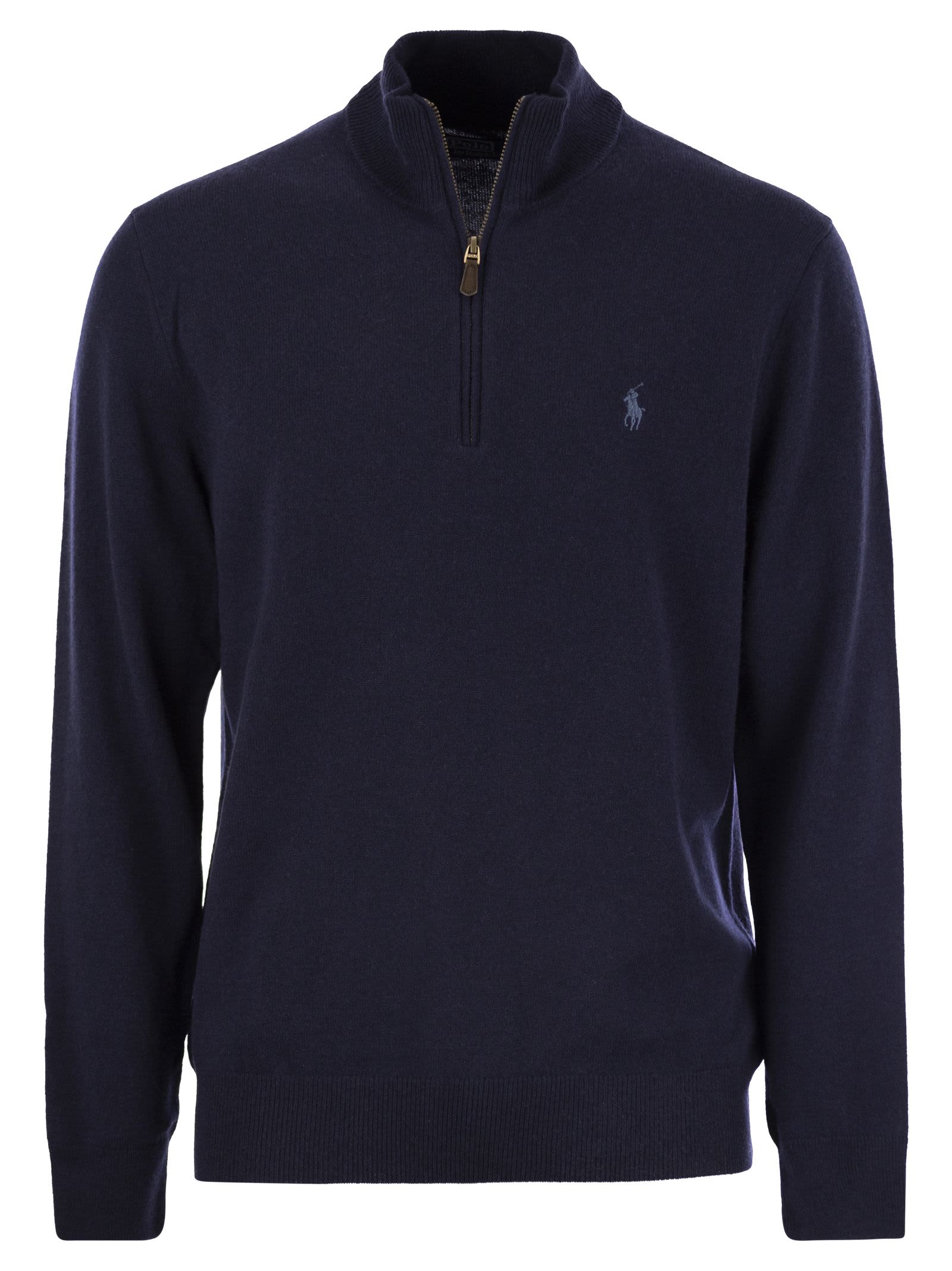 Shop Polo Ralph Lauren Wool Pullover With Half Zip In Navy Blue