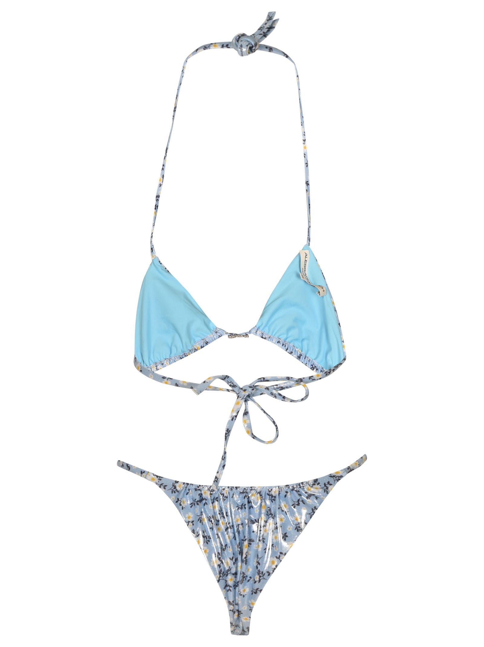 Shop Alessandra Rich Daisy Print Laminated Ruched Lycra Bikini In Light Blue