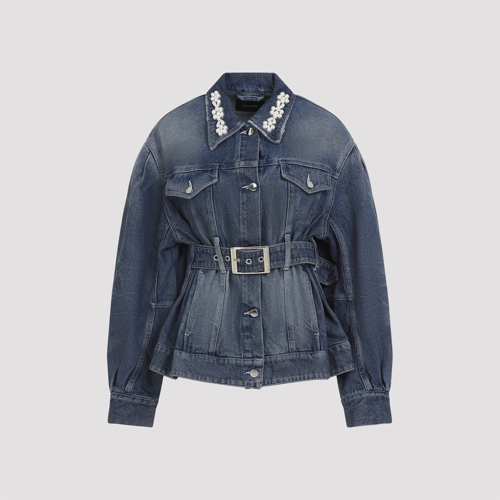 Simone Rocha Denim Jacket With Belt And Embellished Collar In Blue
