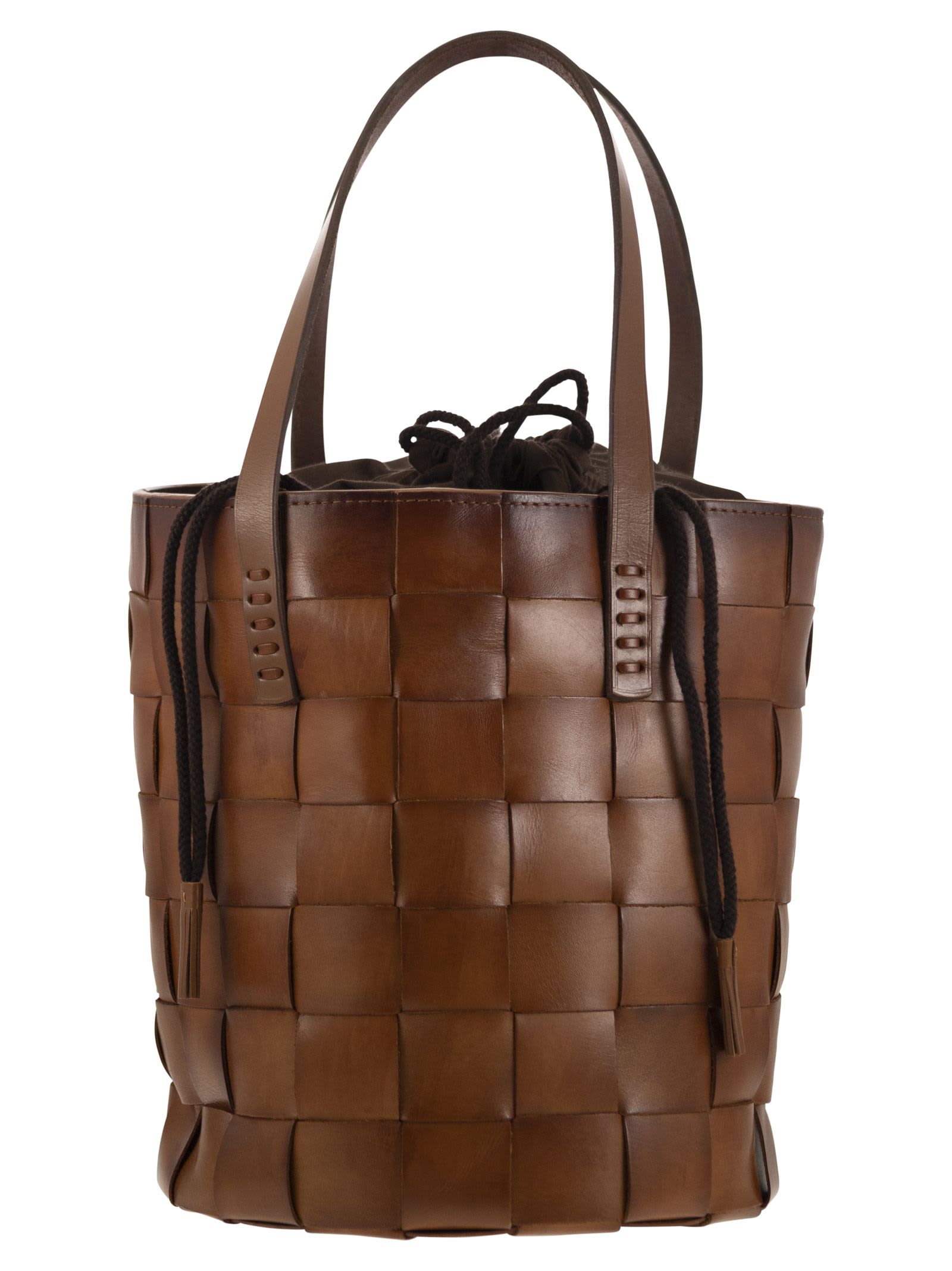 Box Weave Round Bucket - Woven Leather Bucket Bag