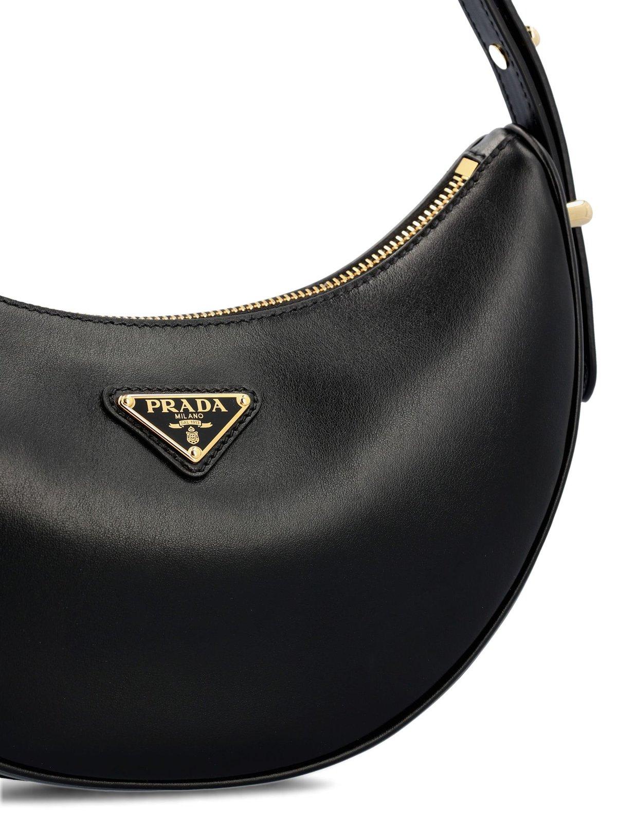 Prada Triangle Logo Plaque Moon Shaped Shoulder Bag In Black