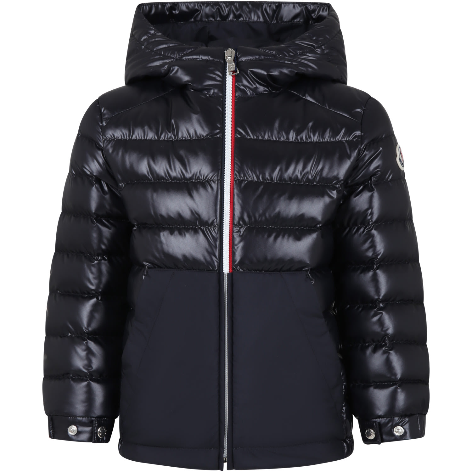 Shop Moncler Blue Masserau Down Jacket With Hood For Boy In Black