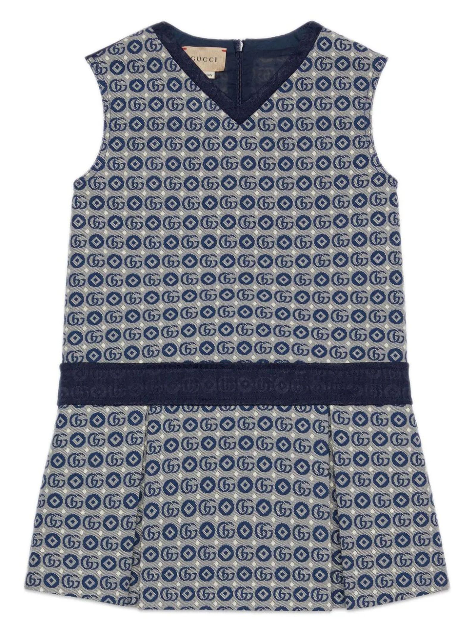 Shop Gucci Double G Jacquard Pleated Dress In Clear Blue