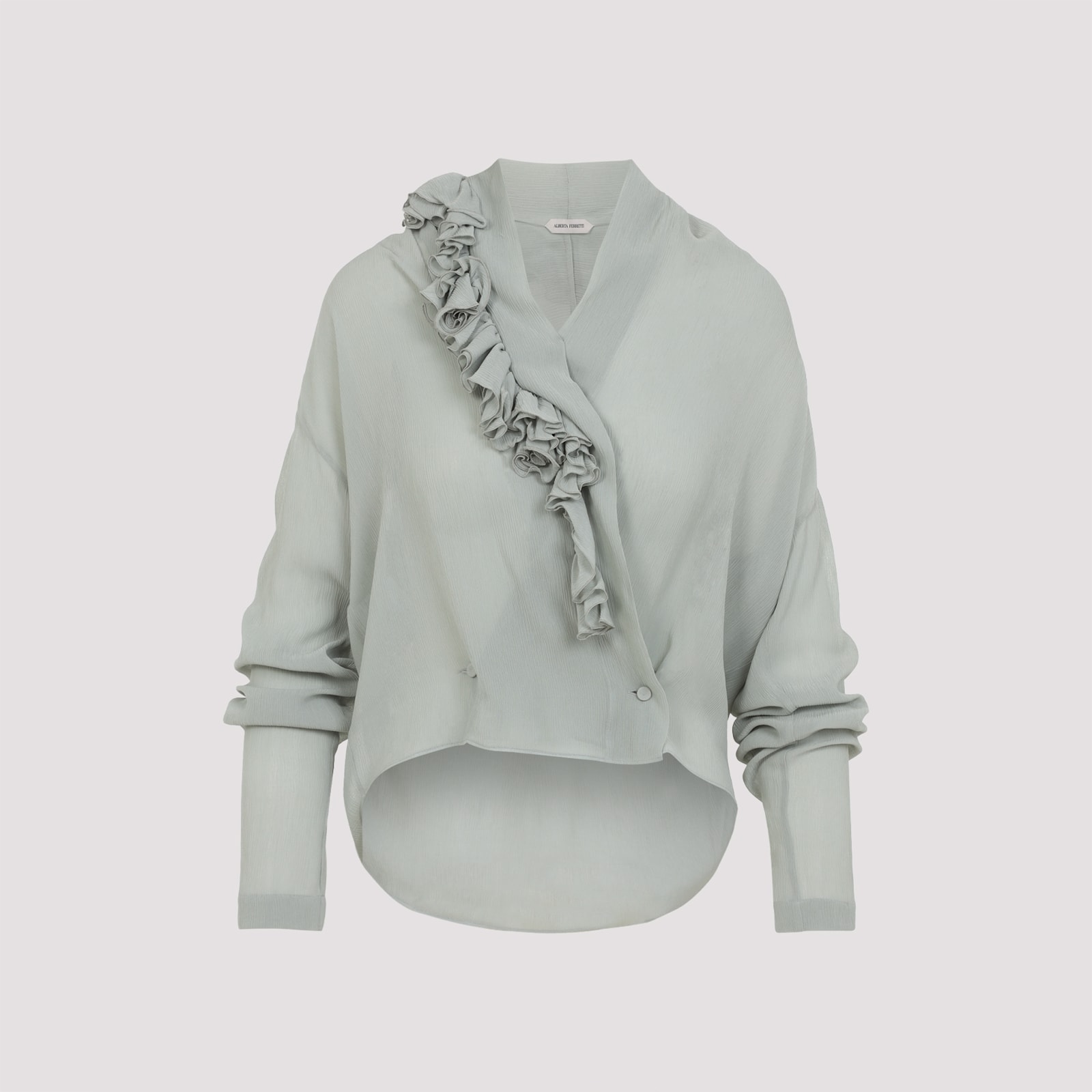 Alberta Ferretti Loose-fitting Grey Shirt With Ruffled Trim In Gray