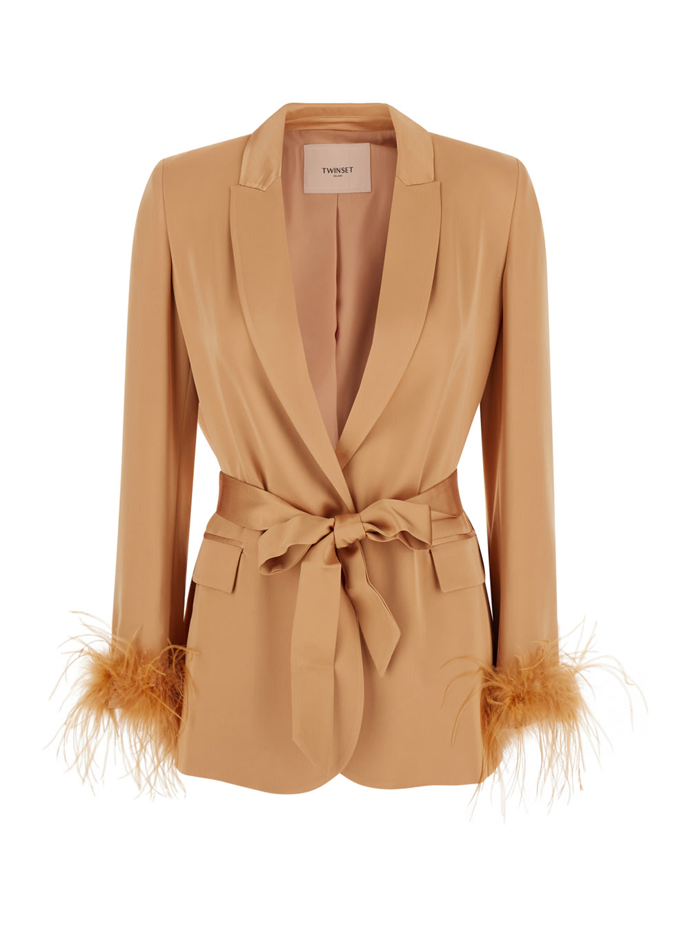 Beige Single-breasted Jacket With Feather Cuffs In Satin Woman