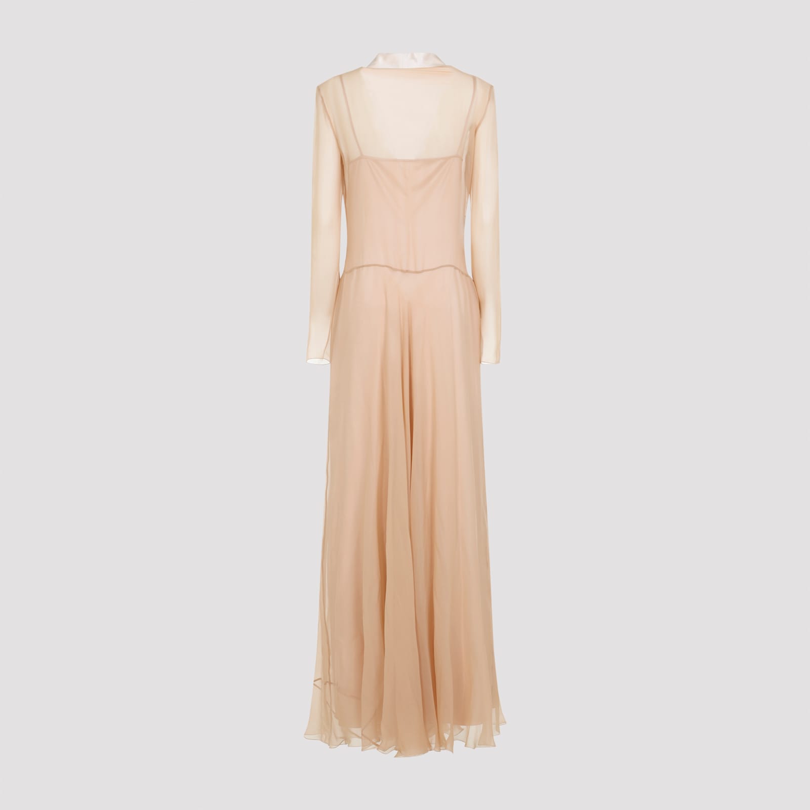 Alberta Ferretti Sheer Long Dress With V-neckline And Sleeves In Brown