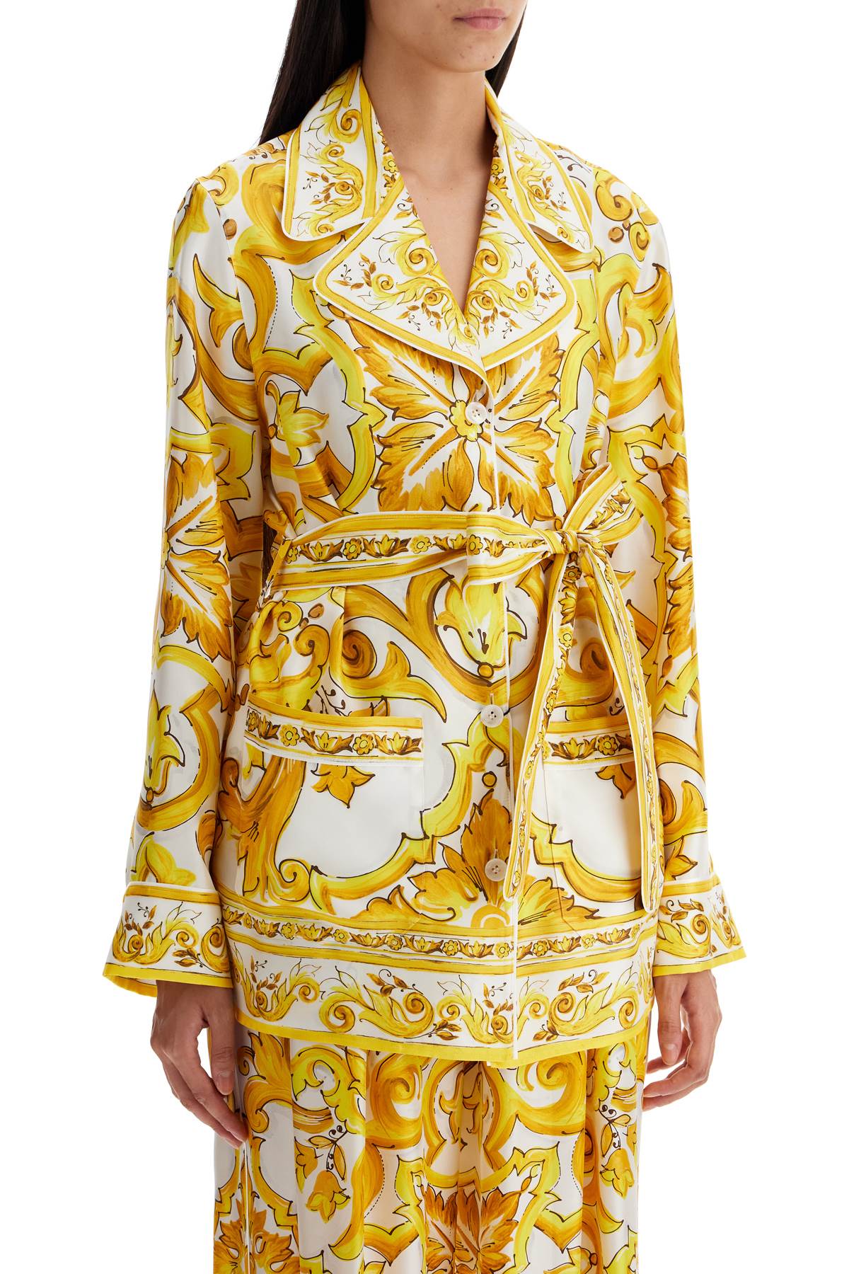 Shop Dolce & Gabbana Silk Blouse With Maiolica Print And In Mix Maiolica Giallo (white)