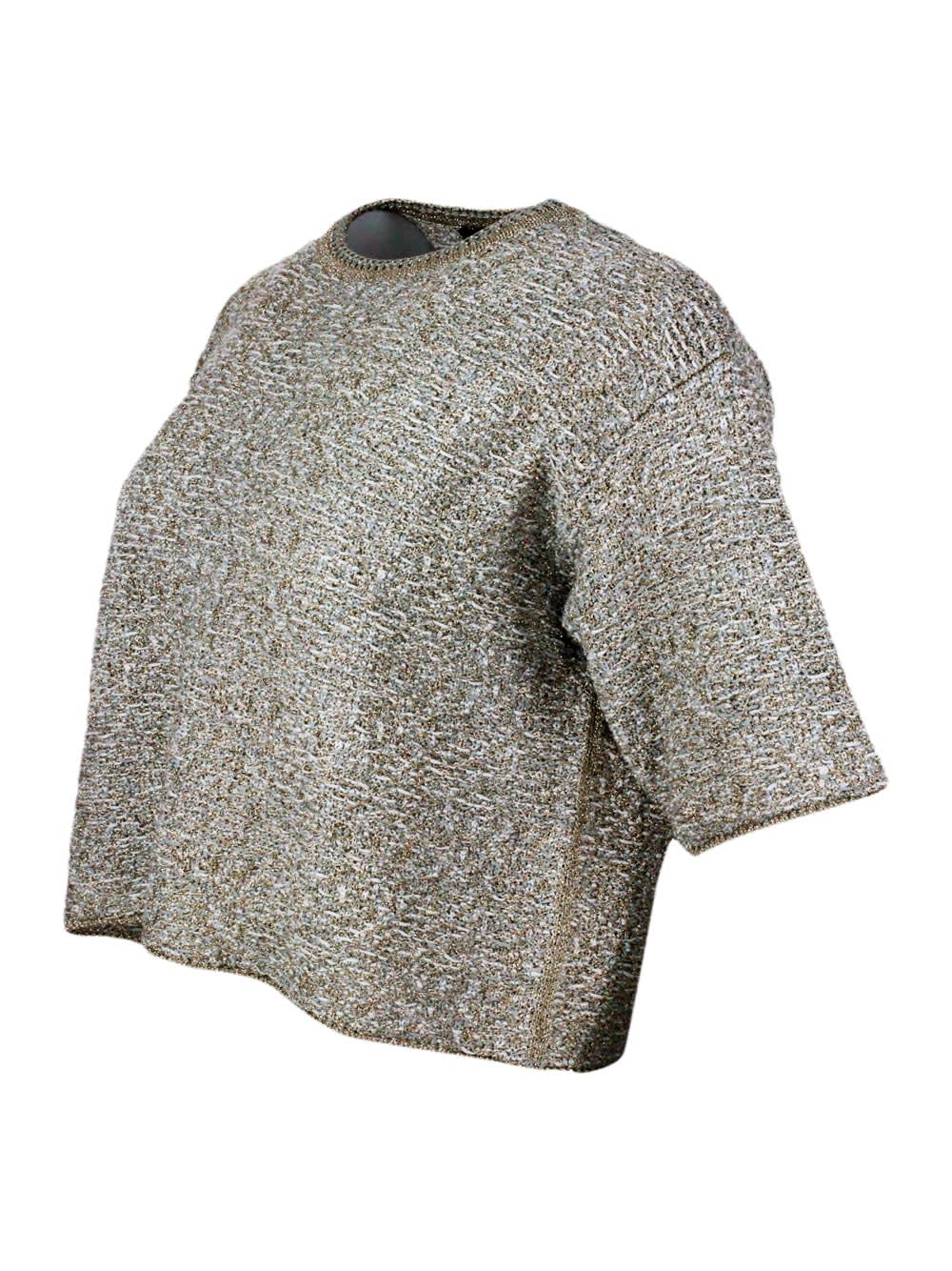 Shop Fabiana Filippi Short-sleeved Crew-neck Sweater In Cotton Ribbon Embellished With Brilliant Golden Lurex Threads