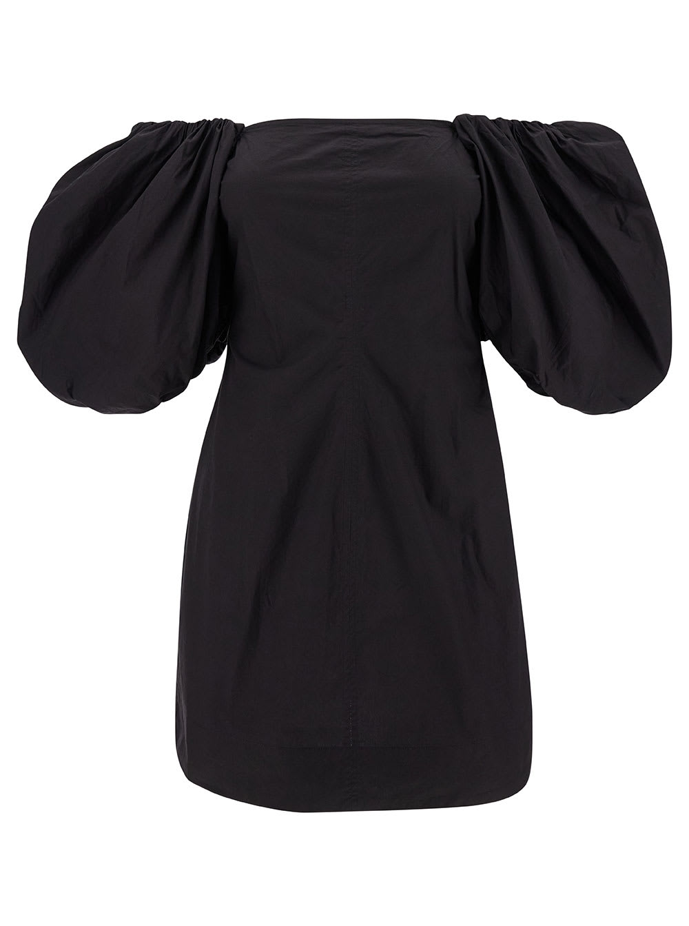 Shop Ganni Mini Black Dress With Puff Sleeves In Cotton Woman