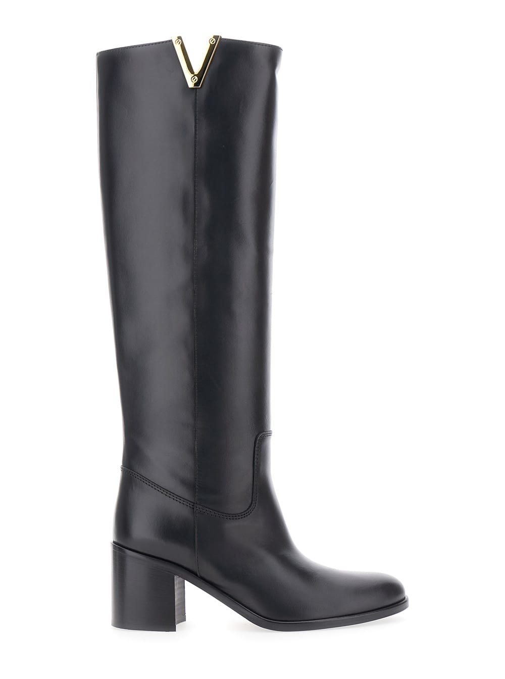 Black Knee-high Boots With Cut-out On The Side And Logo Plaque In Leather Woman