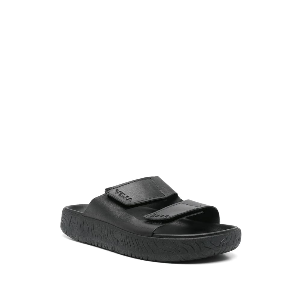 Veja Double Strap Leather Slippers In Black