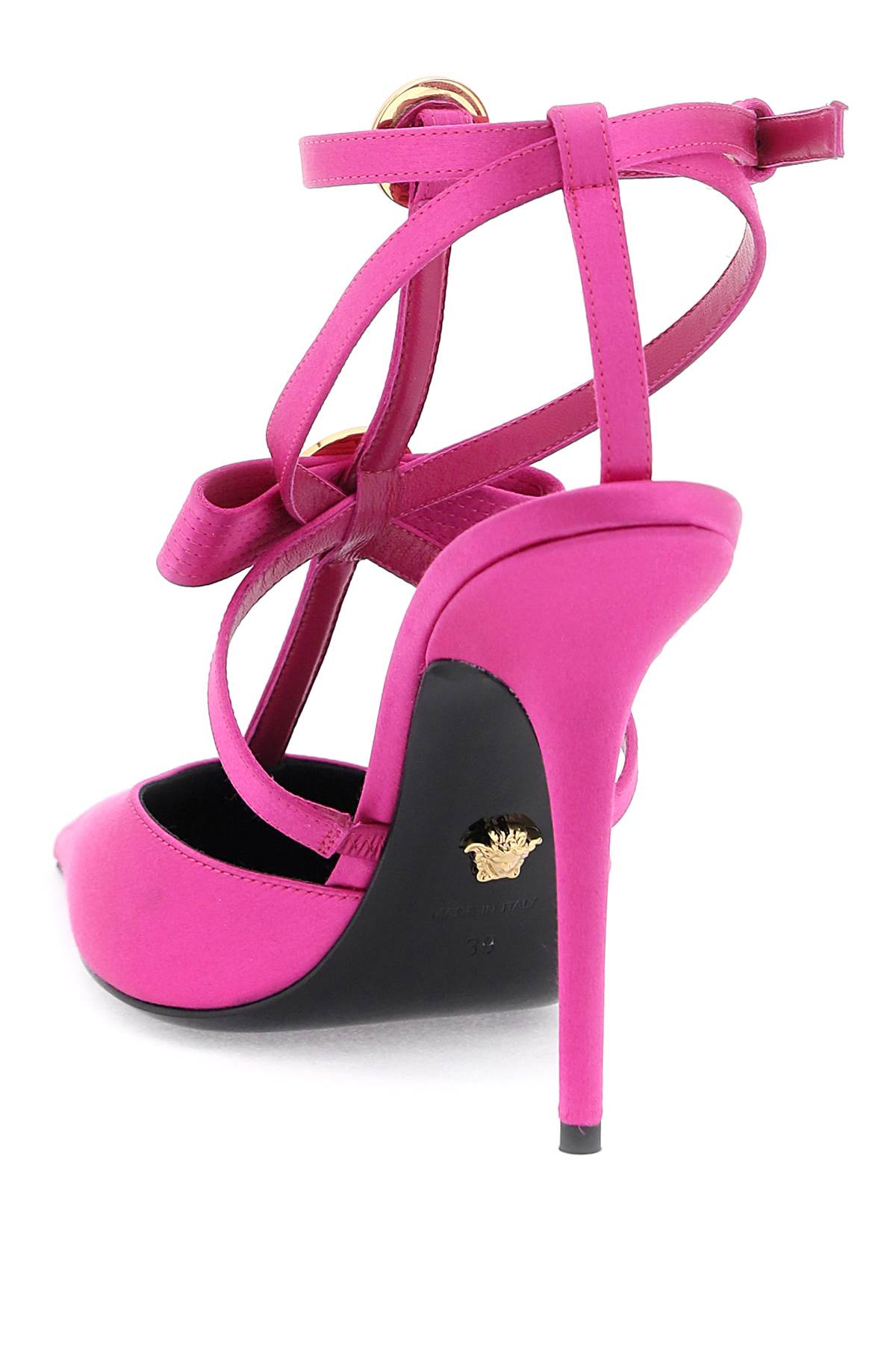 Shop Versace Pumps With Gianni Ribbon Bows In Warterlily  Gold (fuchsia)