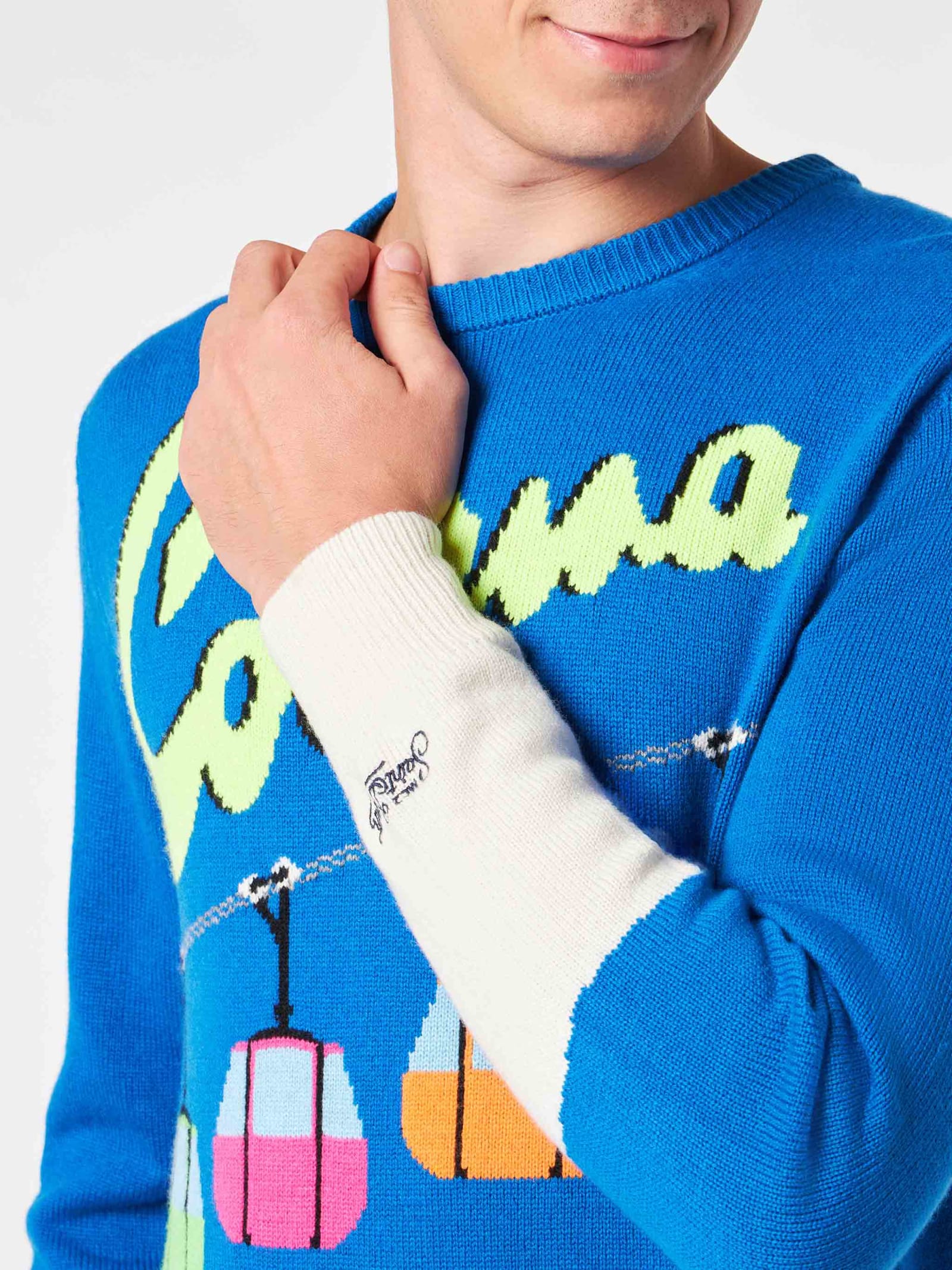 Shop Mc2 Saint Barth Man Crewneck Sweater With Courma Cable Postacard Jacquard Print In Blue