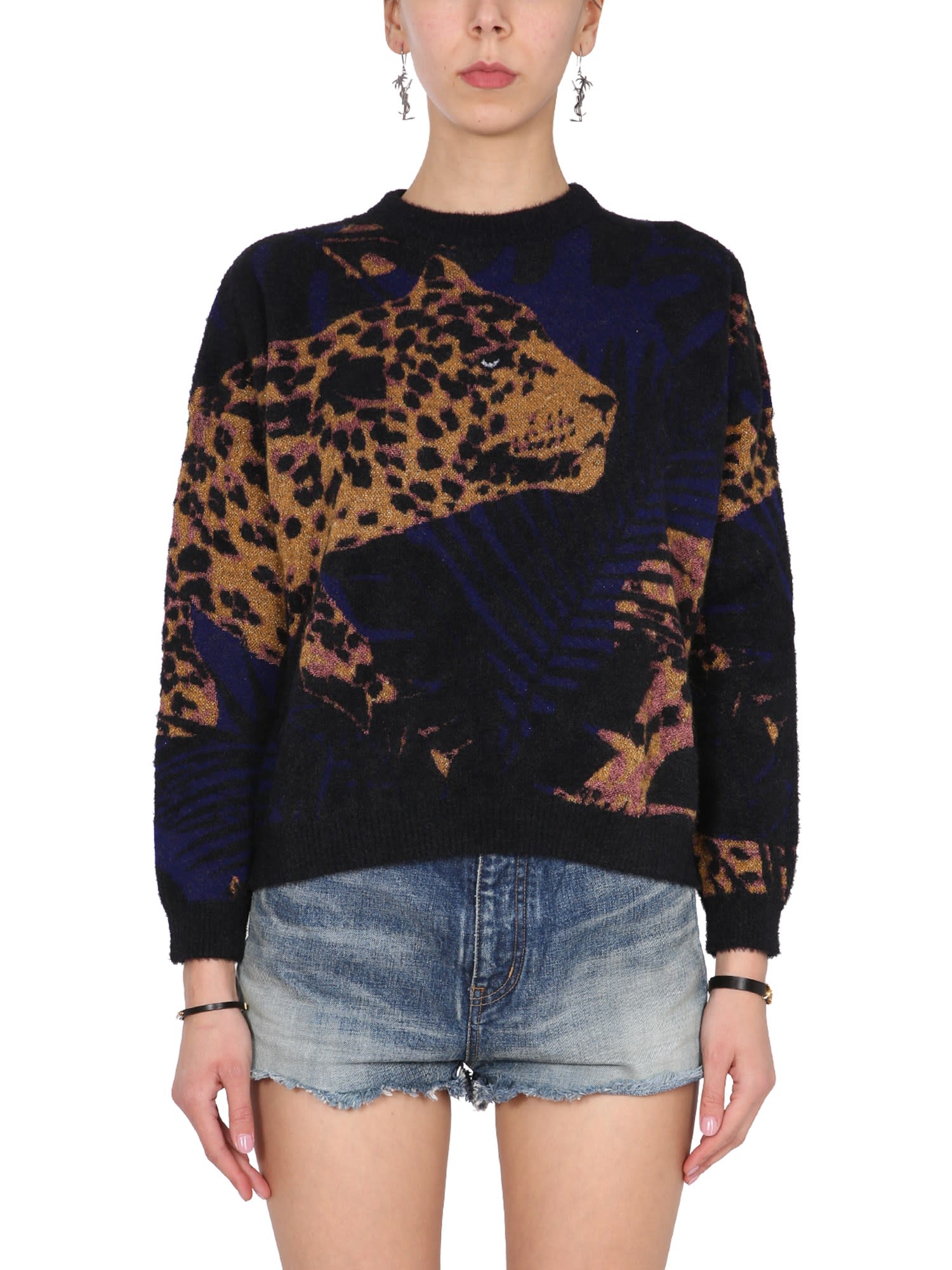 Saint Laurent Sweater With Jungle Leopard Lamé Motif