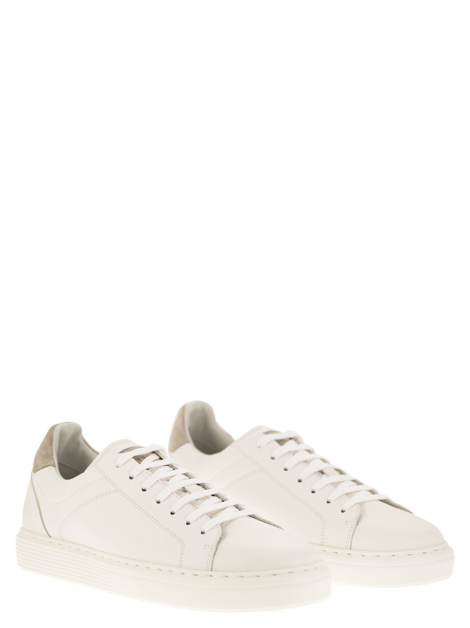 Shop Brunello Cucinelli Calfskin Trainers With Grain In White