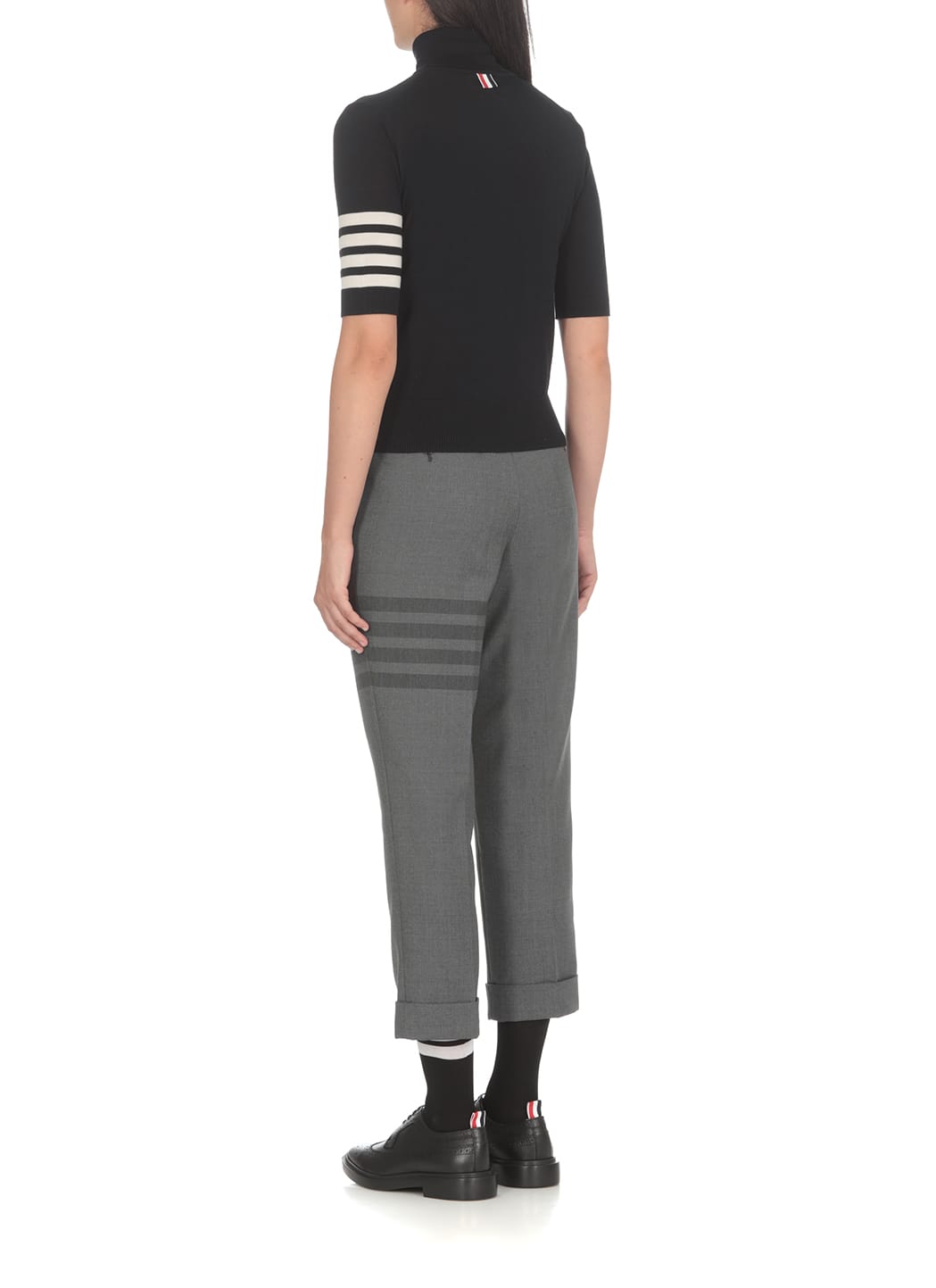 Thom Browne Black Short Sleeve Sweater With 4-bar Detail In Wool Woman