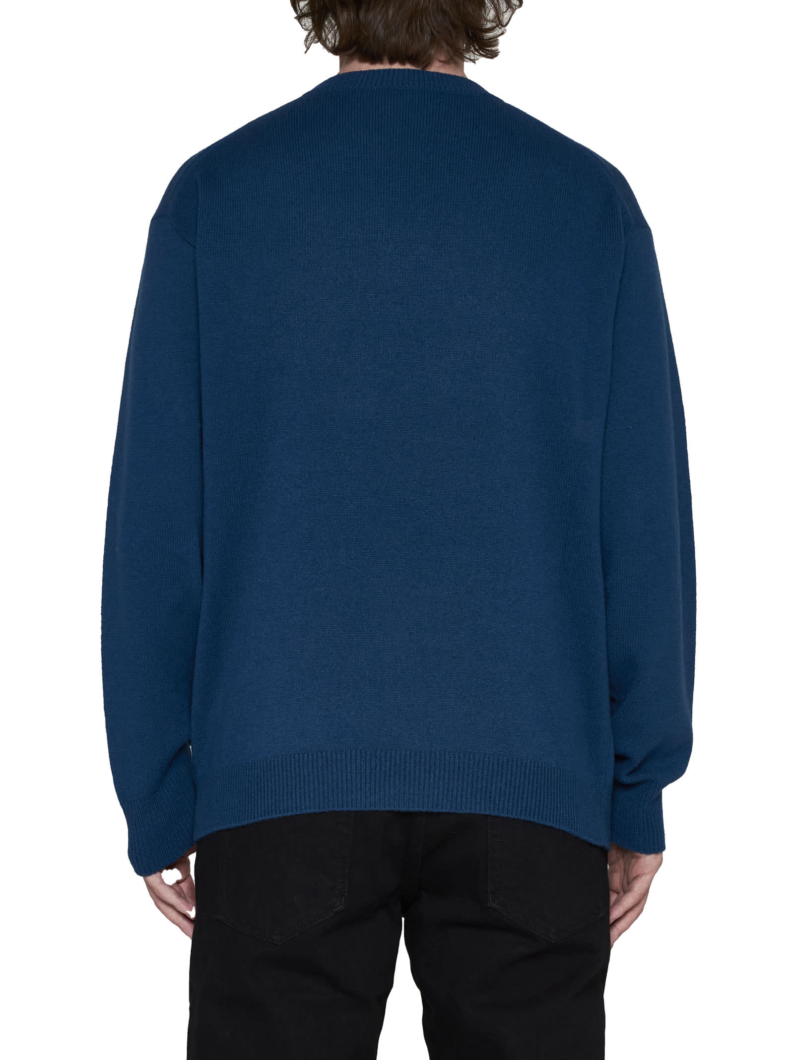 Kenzo Logo And Flower Wool Sweater In Bleu Canard