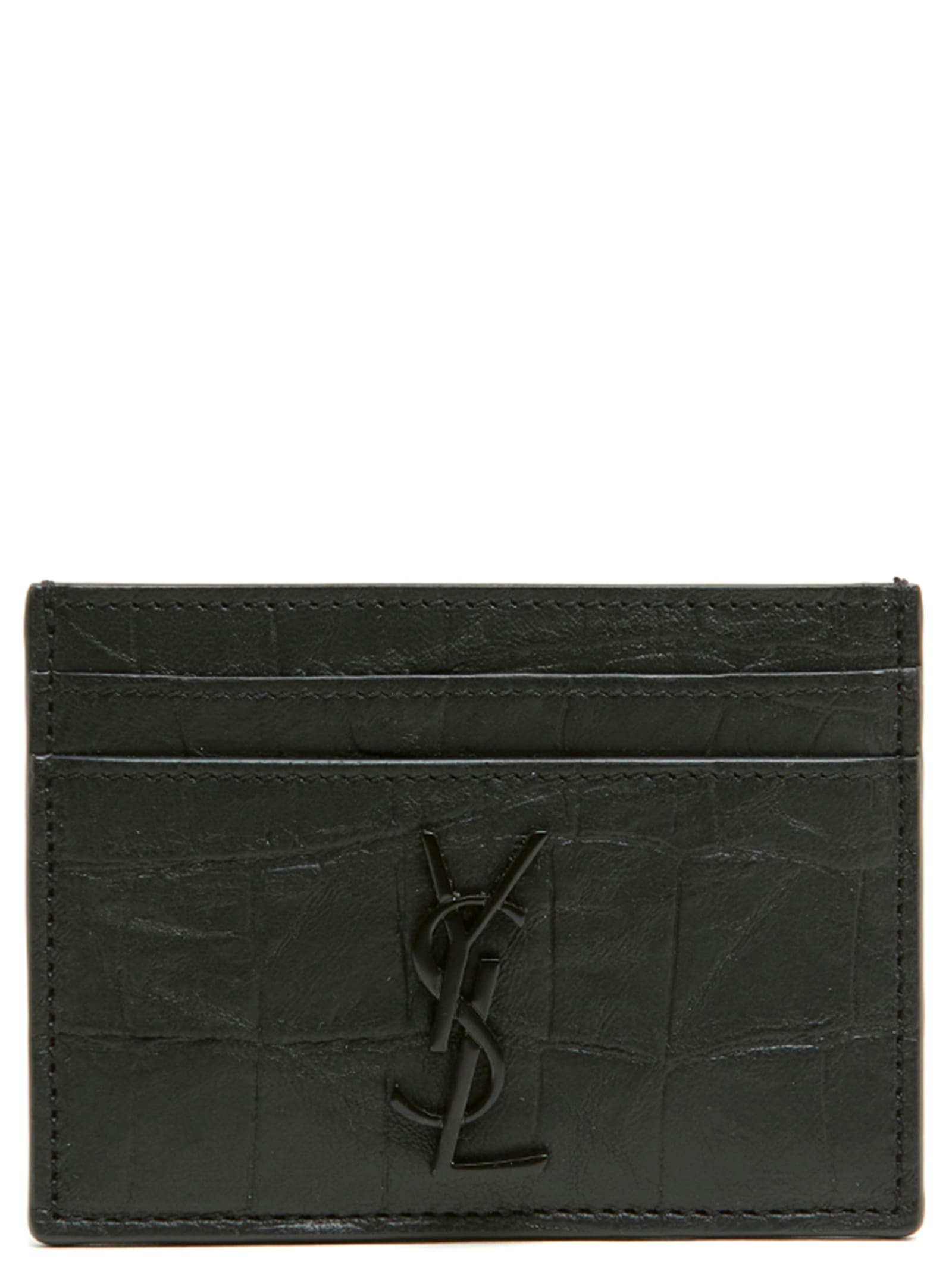 Saint Laurent Cassandre Croc-embossed Leather Cardholder In Black