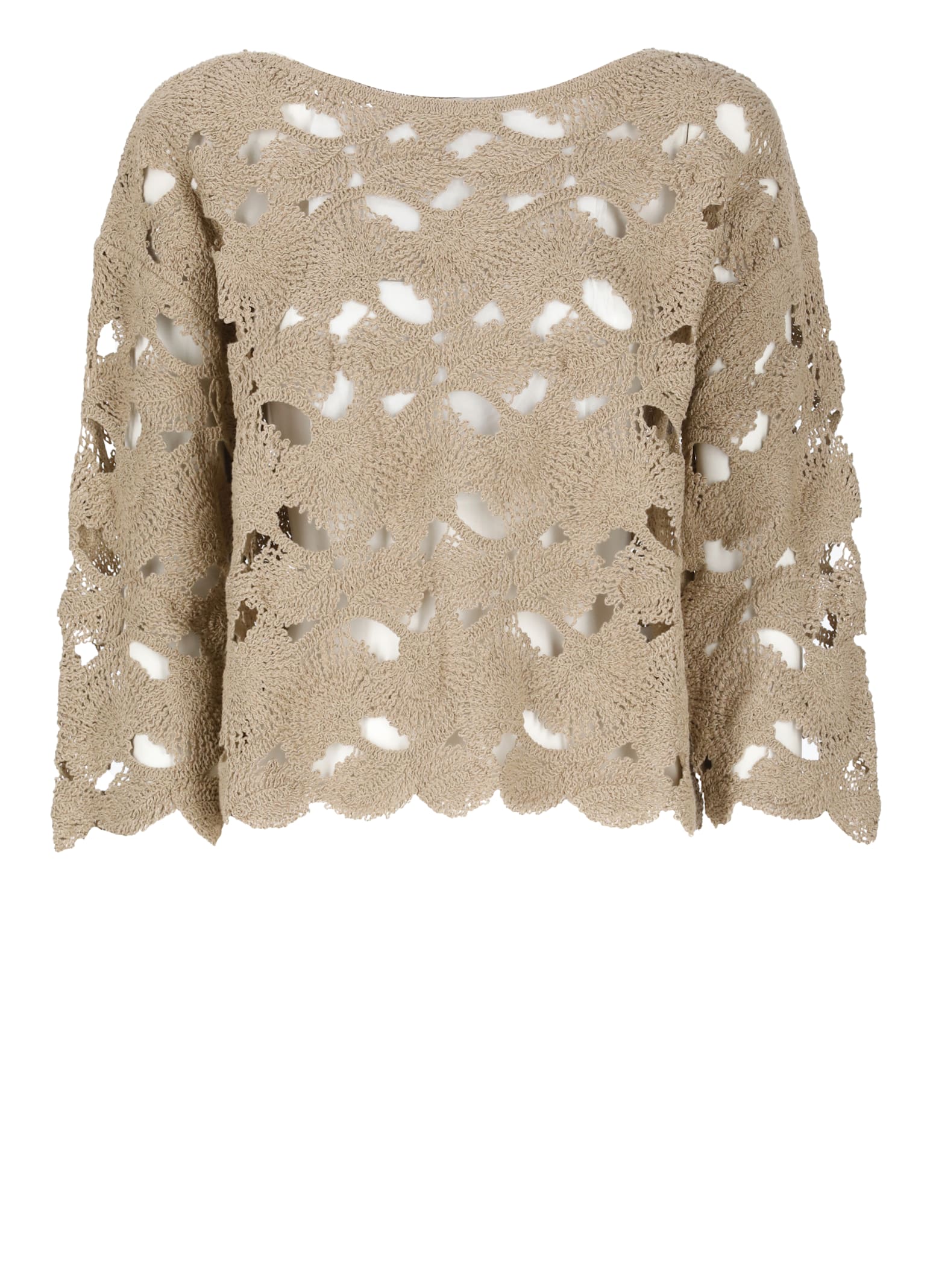 Kangra Cashmere Kangra Open-knit Beige Jacket With Scalloped Edges