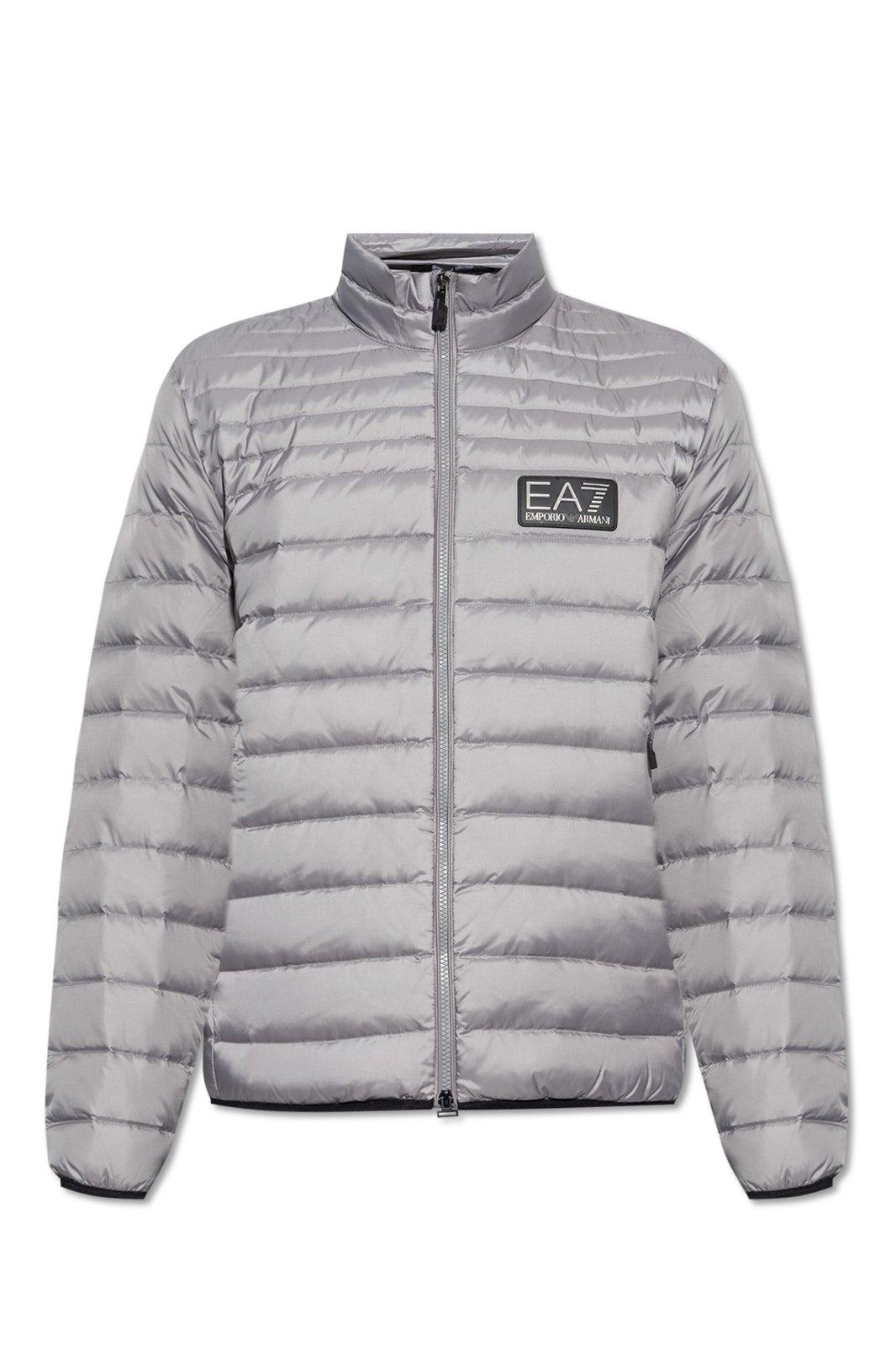 Shop Ea7 Logo Patch Zip-up Jacket In Gray Flannel