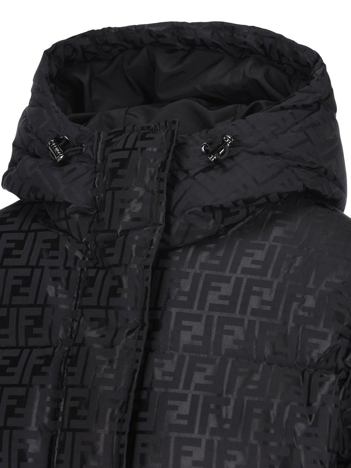 Shop Fendi Ff Jacquard Hooded Down Jacket In Black