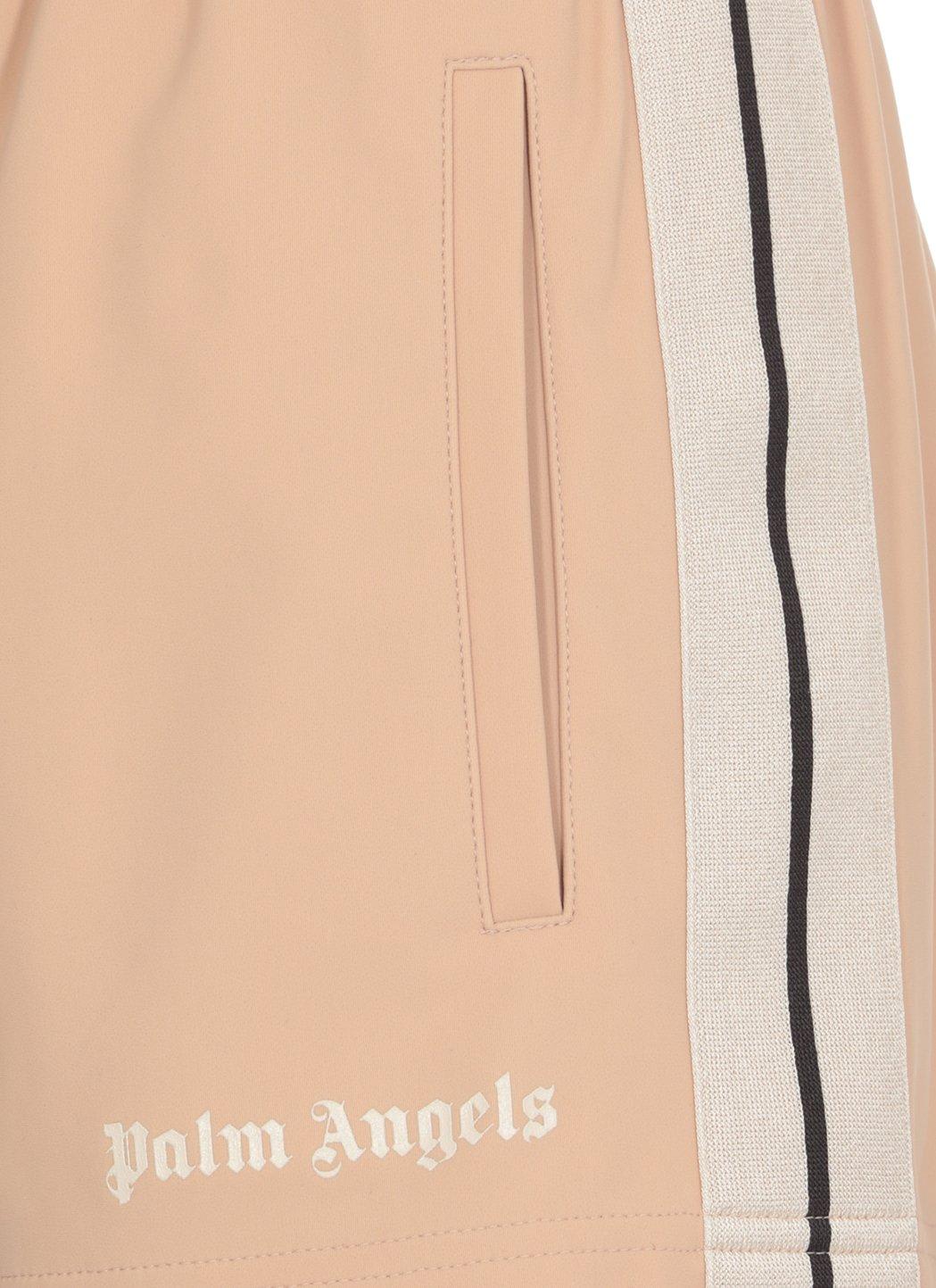 Shop Palm Angels Logo Printed Striped Shorts In Mock Orange