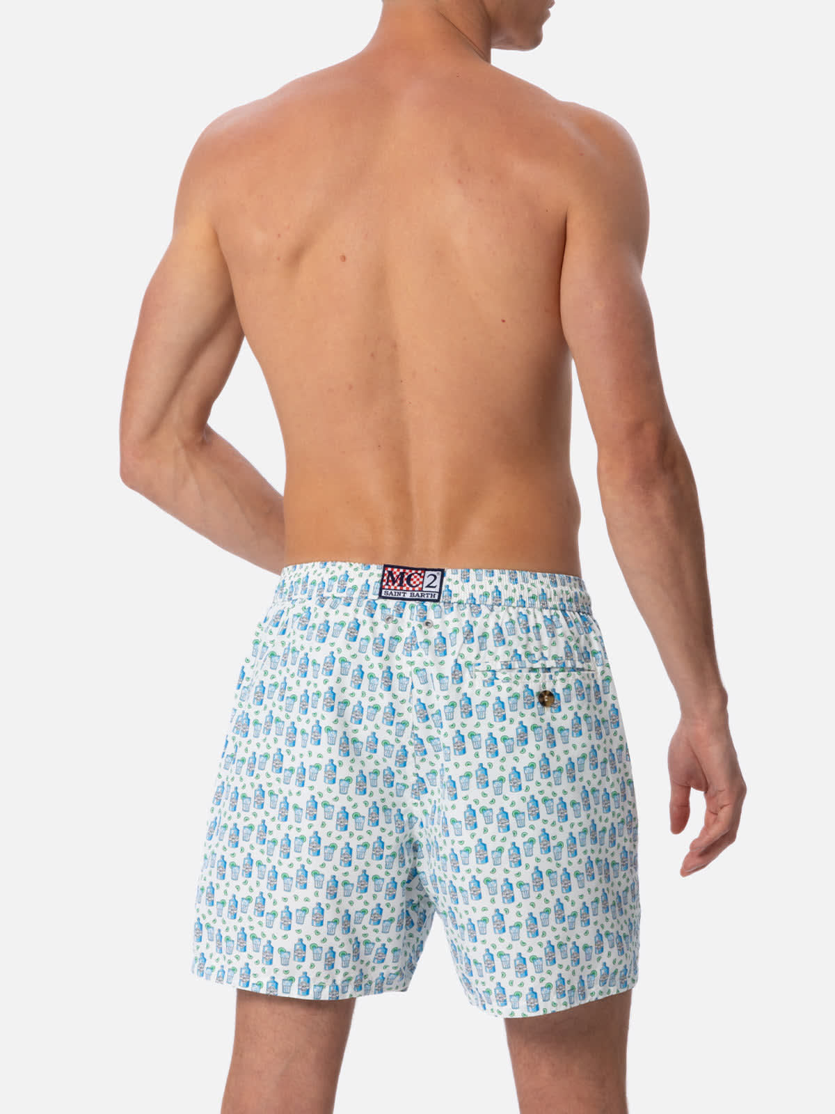 Mc2 Saint Barth Man Lightweight Fabric Swim-shorts Lighting Micro Fantasy With Gin Tonic Print In White
