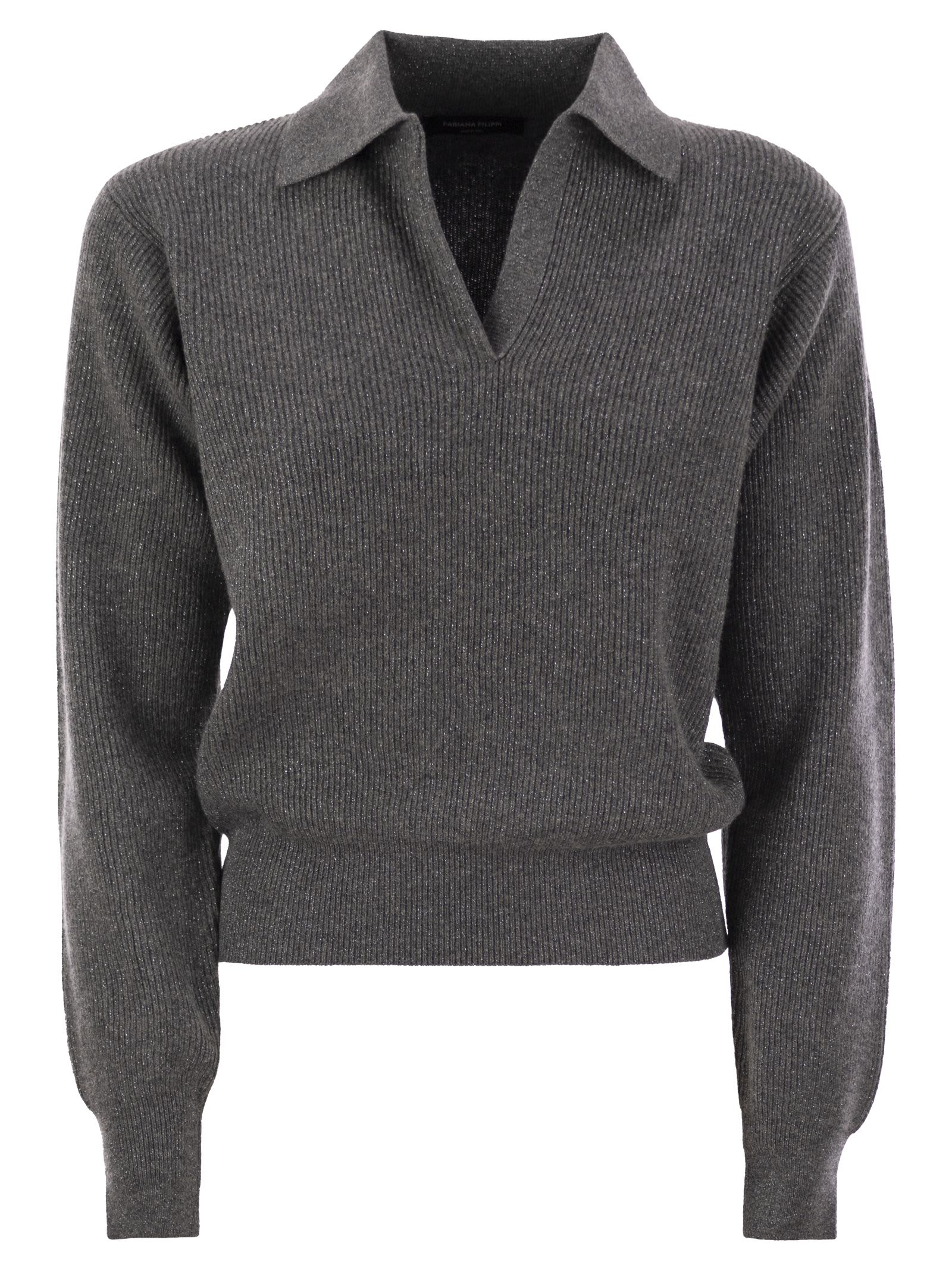 Shop Fabiana Filippi Ribbed Knit With Polo Neck In Grey