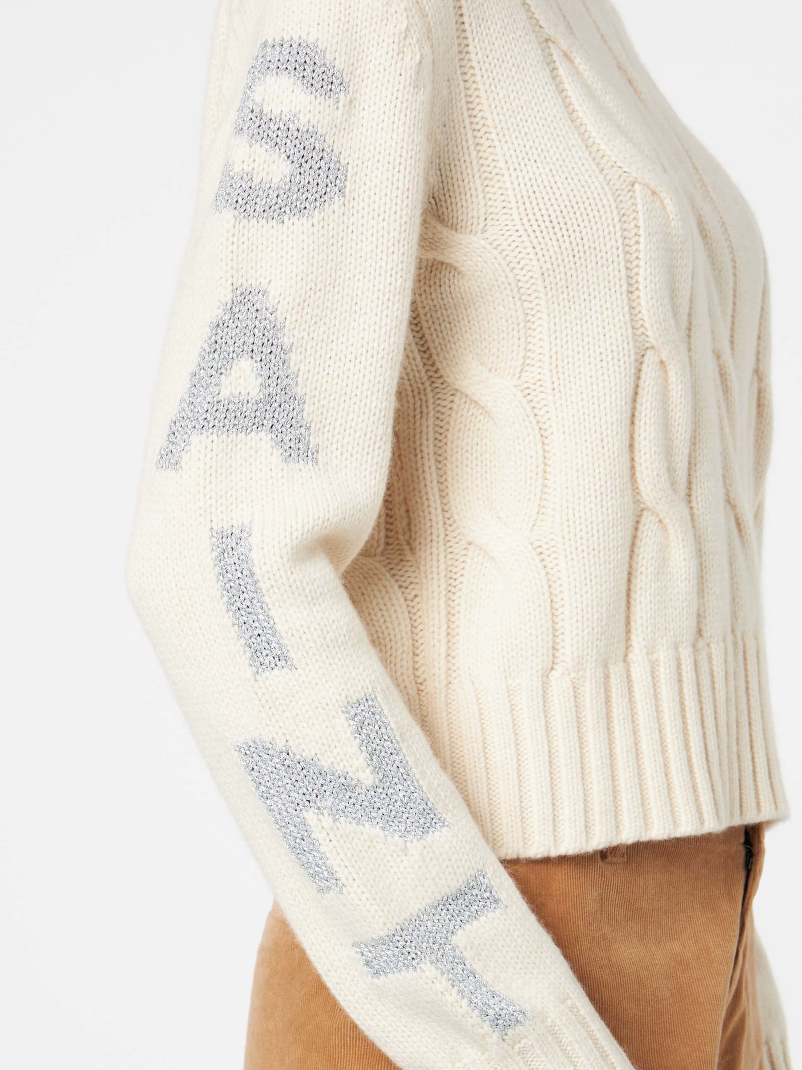 Shop Mc2 Saint Barth Woman Crewneck Braided Sweater With Saint Barth Lurex Print In White