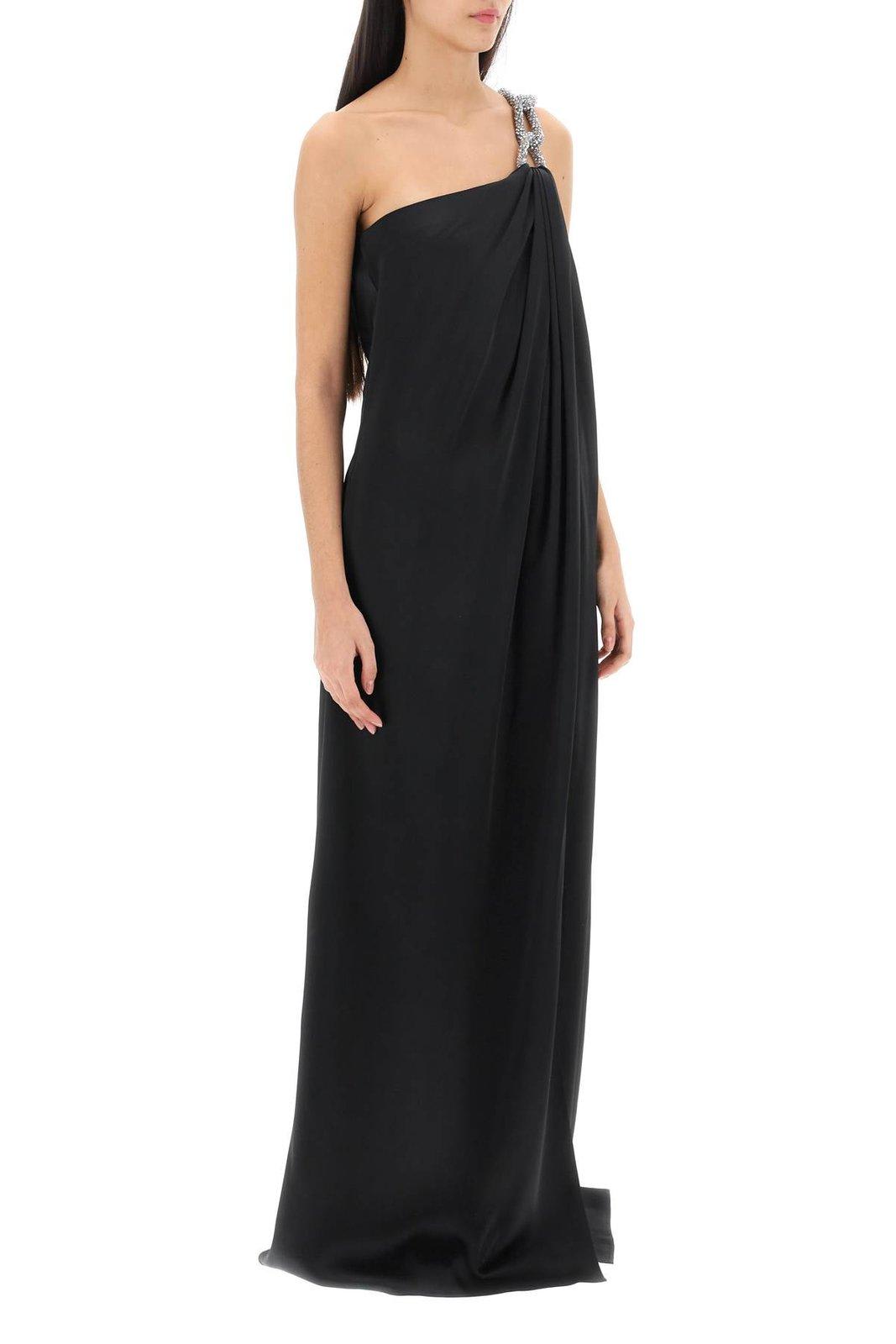Shop Stella Mccartney Falabella Embellished Chain-linked Satin Gown In Black