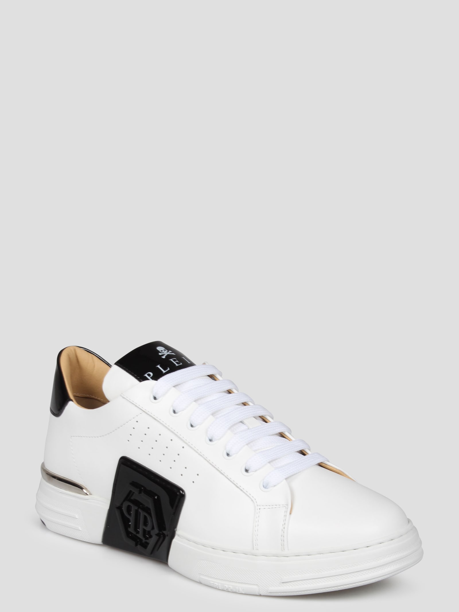 Shop Philipp Plein Mix Leather Lo-top Sneakers Hexagon In White