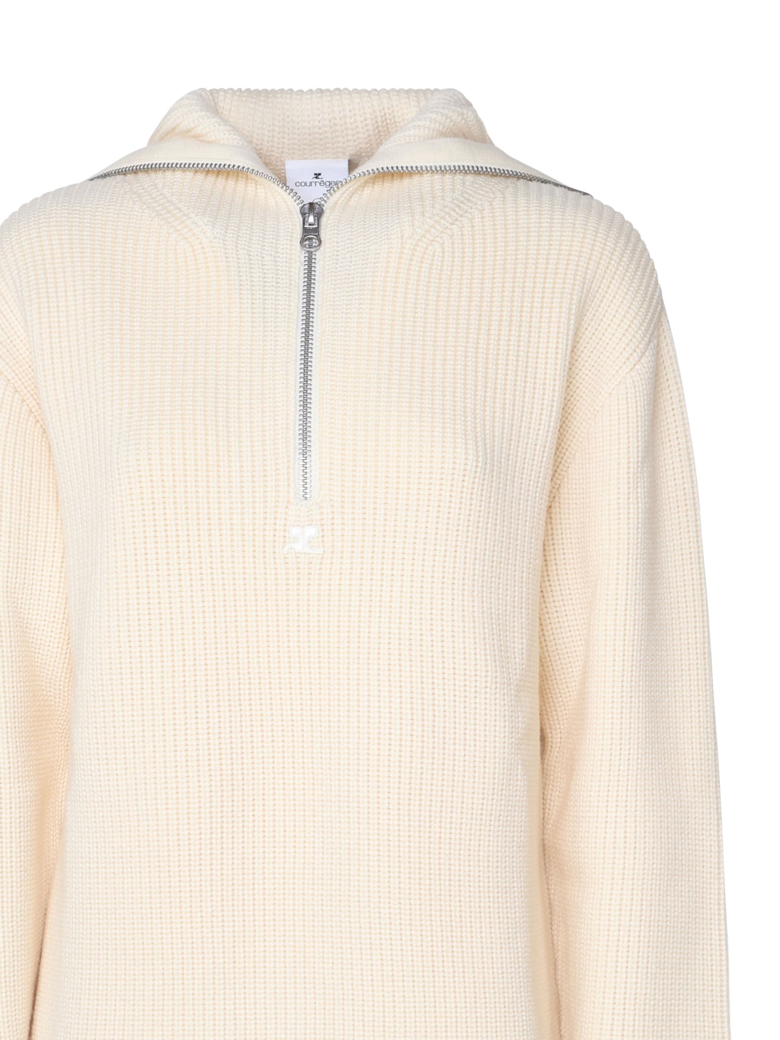 Shop Courrèges Ribbed Wool Hooded Sweater With Zip In Beige