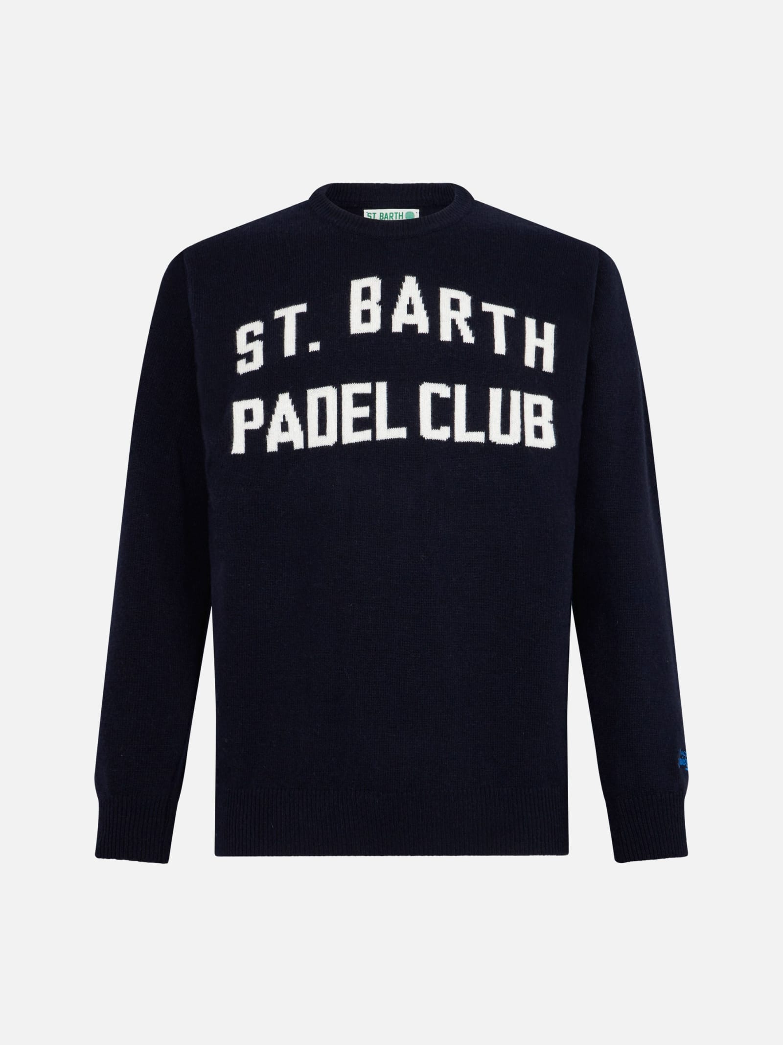 Mc2 Saint Barth Man Crewneck Sweater With St. Barth Padel Club Jacquard Print In Blue