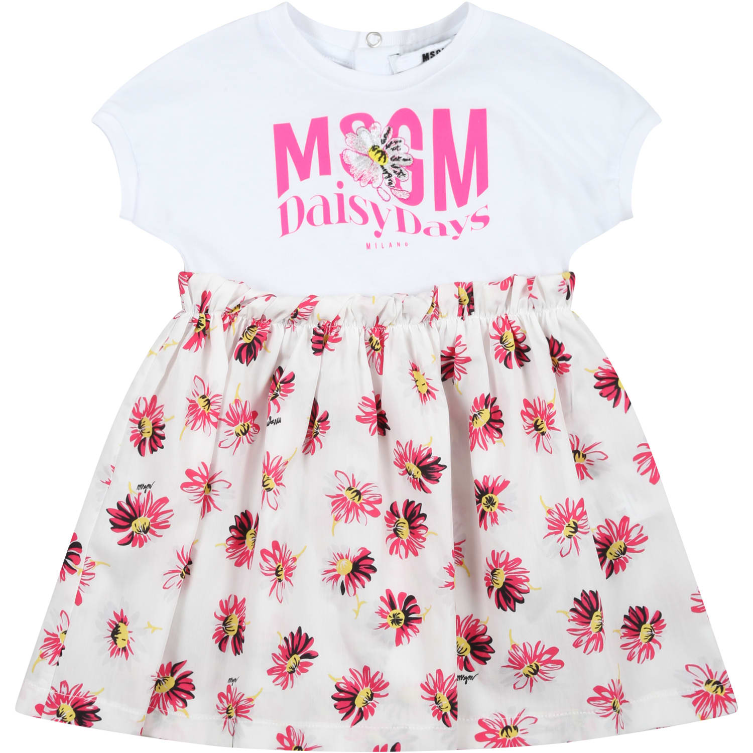 Msgm White Dress For Baby Girl With Logo And Flowers