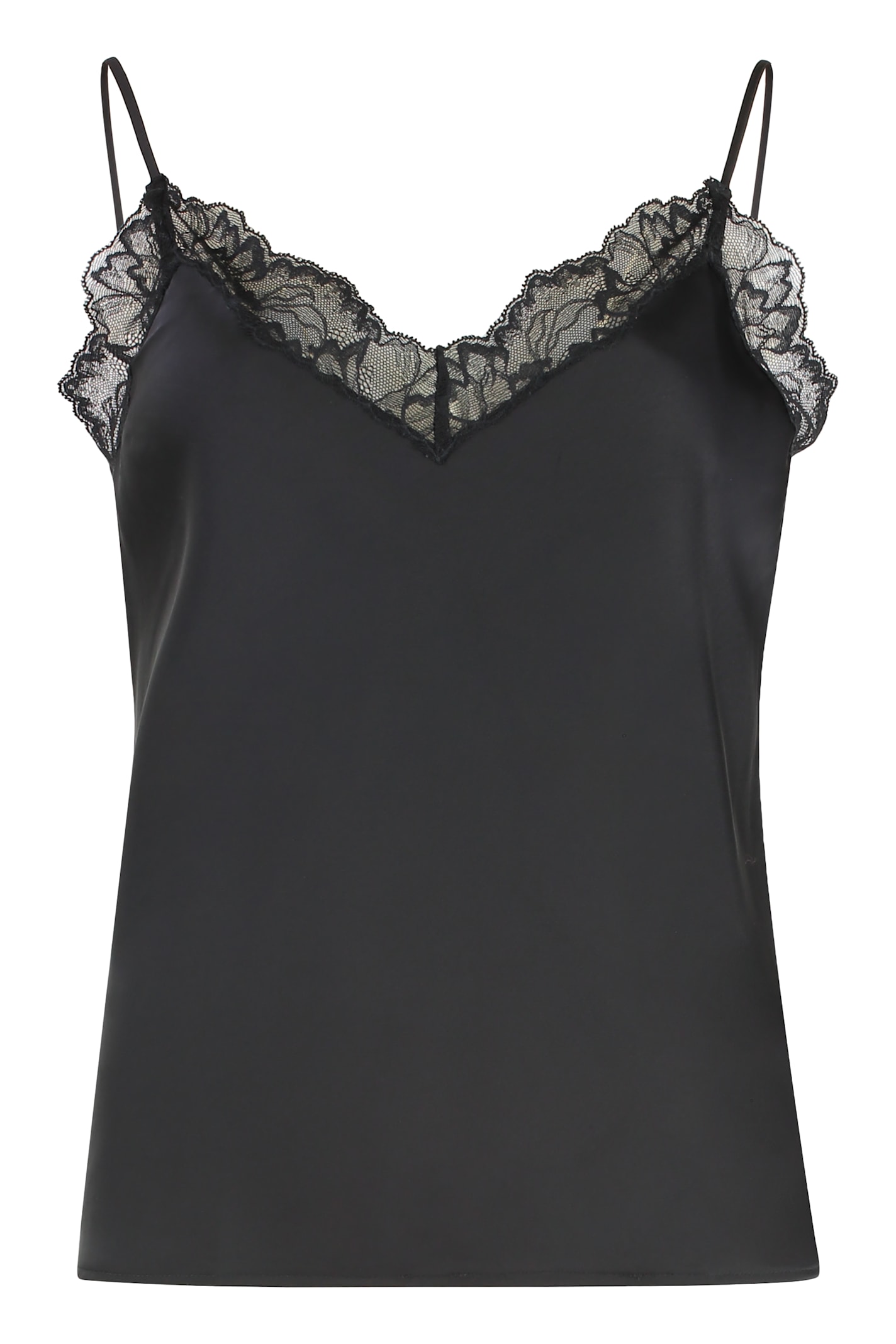 Calvin Klein Satin Cami With Lace Trim And Spaghetti Straps In Black