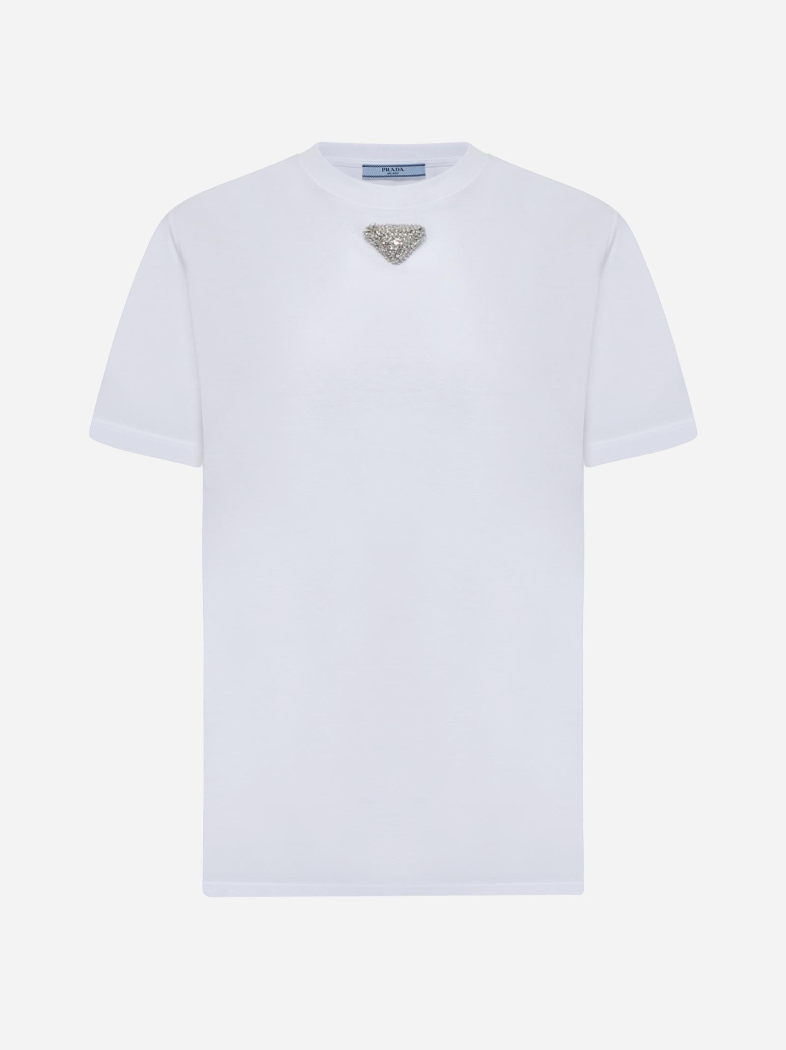 Prada White T-shirt In Jersey With Embroidered Triangle Logo Women In Bianco