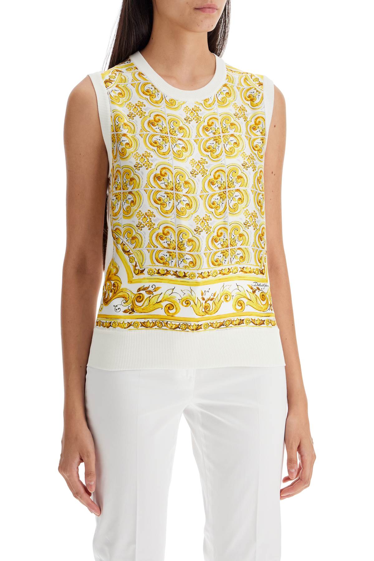 Shop Dolce & Gabbana Silk Sleeveless Top With Mai In Tris Maiolica Giallo (white)