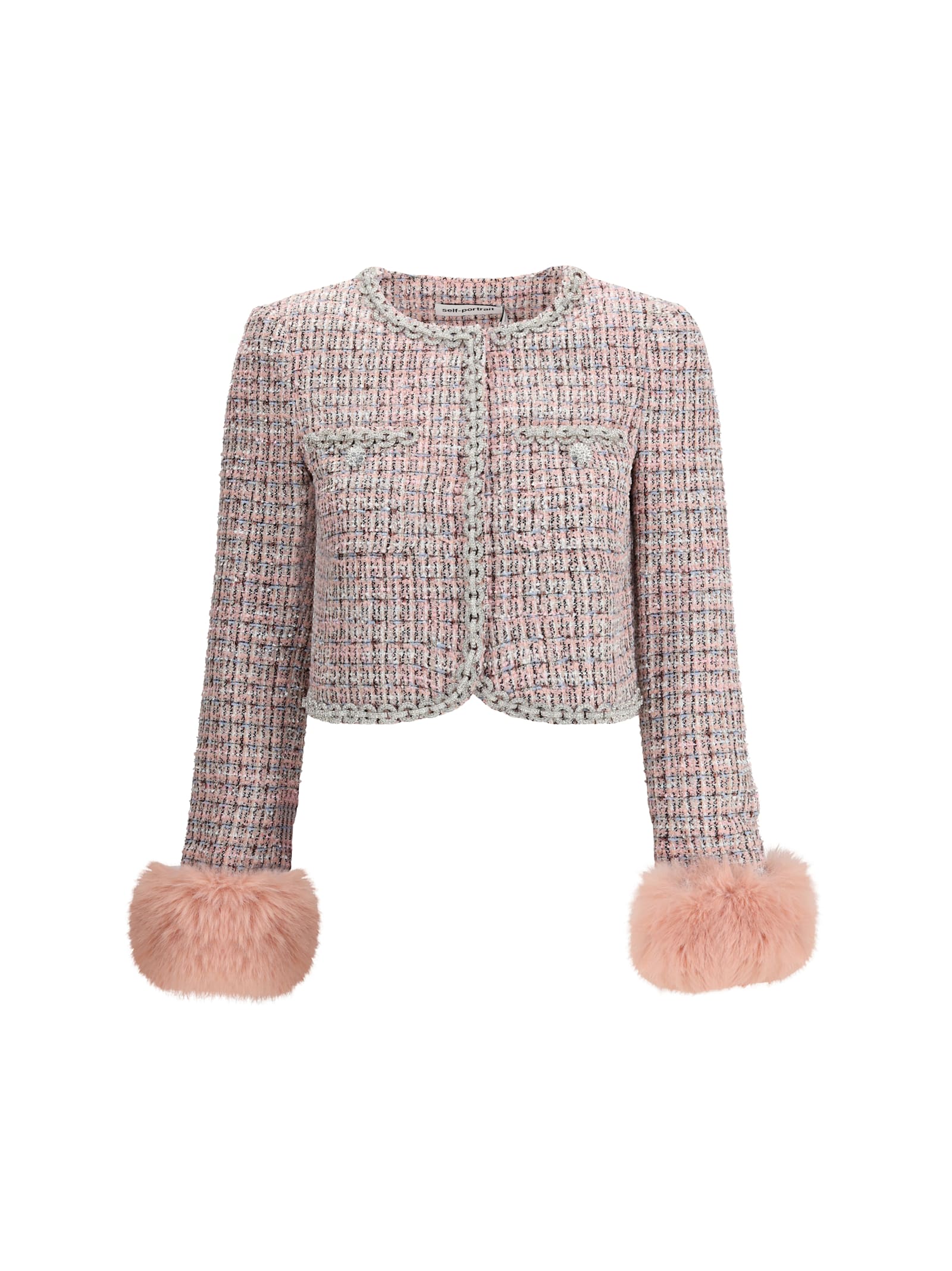 Self-portrait Bouclé Fur Cuffed Jacket In Pink