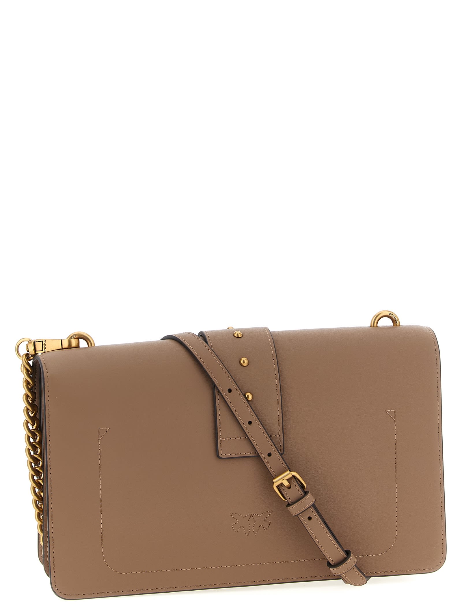 Pinko Beige Leather Shoulder Bag With Logo Buckle In Brown