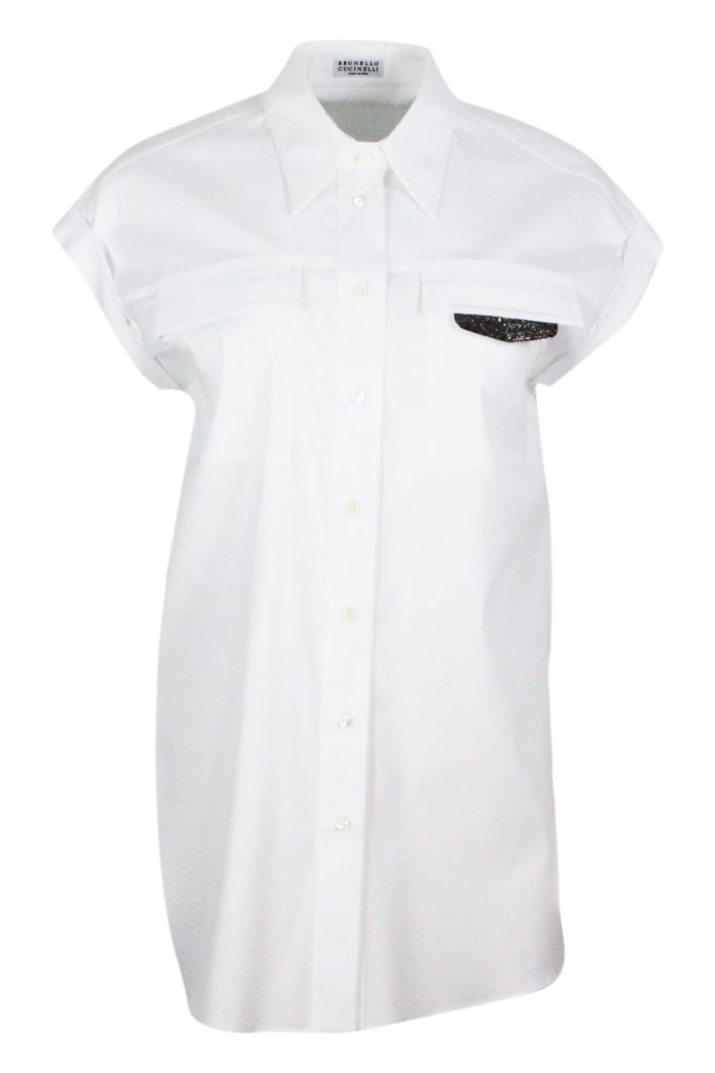 BRUNELLO CUCINELLI SLEEVELESS SHIRT IN STRETCH COTTON WITH FRONT POCKETS EMBELLISHED WITH SHINY JEWELS