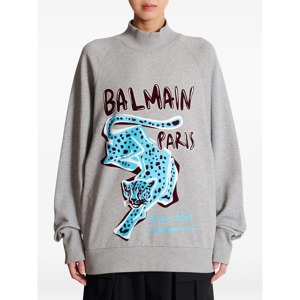 Balmain Cheetah-print Turtleneck Sweatshirt In Gray